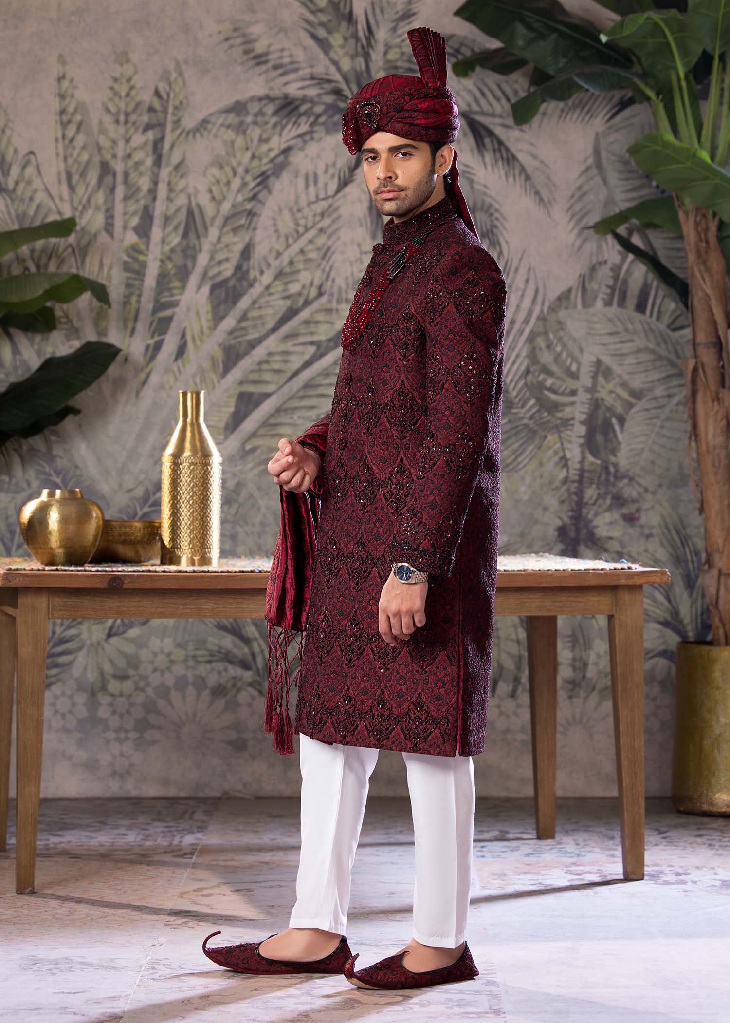 Maroon Hand-Embroidered Jamawar Sherwani (5-Piece) - Image 4