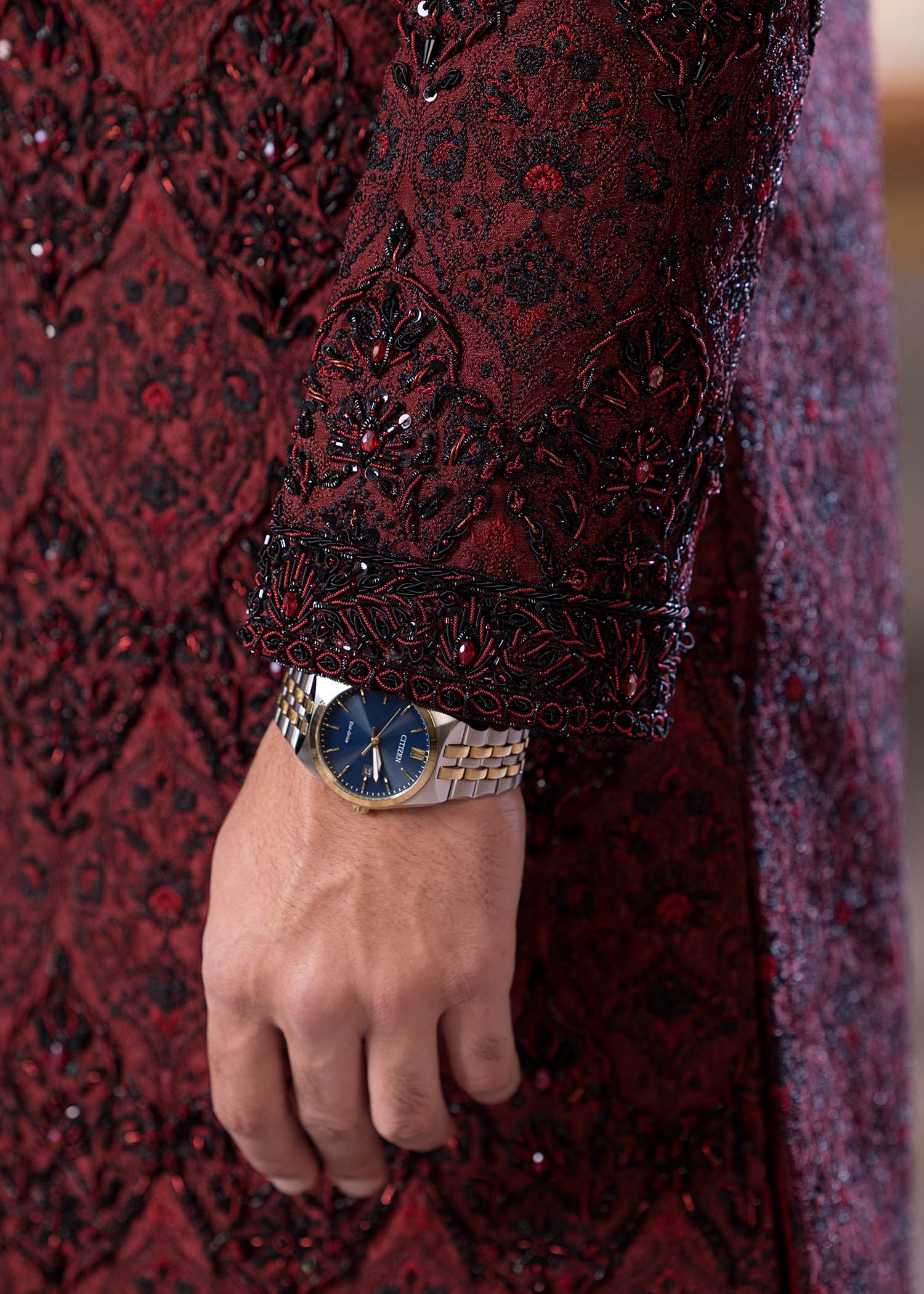 Maroon Hand-Embroidered Jamawar Sherwani (5-Piece) - Image 6