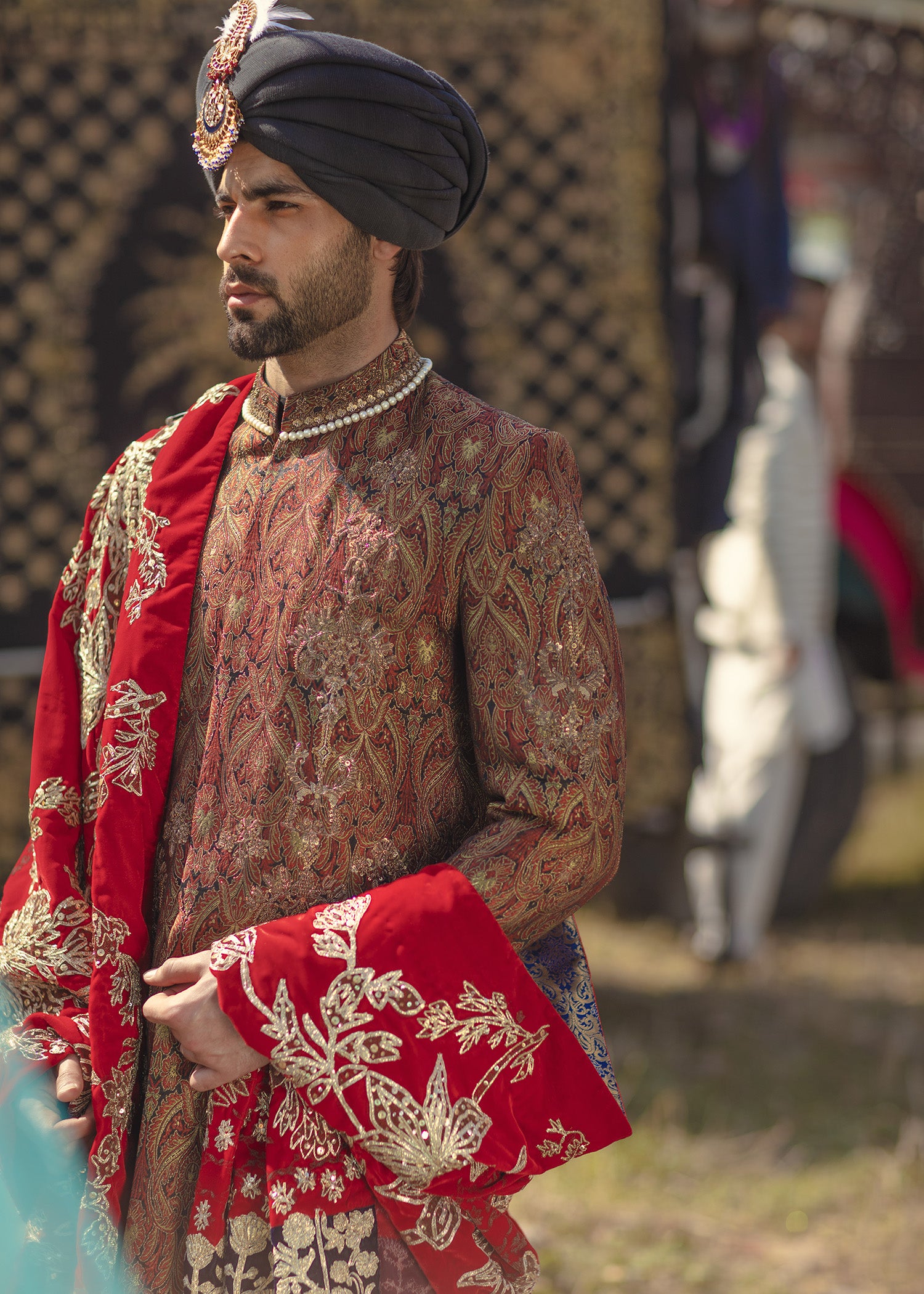 Rust Paisley Jamawar Sherwani with Red Zardozi Shawl (3-Piece) - Image 1