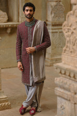 Burgundy Beaded Raw Silk Sherwani (3-Piece) - Image 2