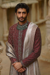 Burgundy Beaded Raw Silk Sherwani (3-Piece) - Image 3