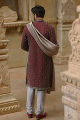 Burgundy Beaded Raw Silk Sherwani (3-Piece) - Image 4
