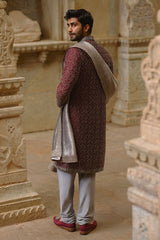Burgundy Beaded Raw Silk Sherwani (3-Piece) - Image 5