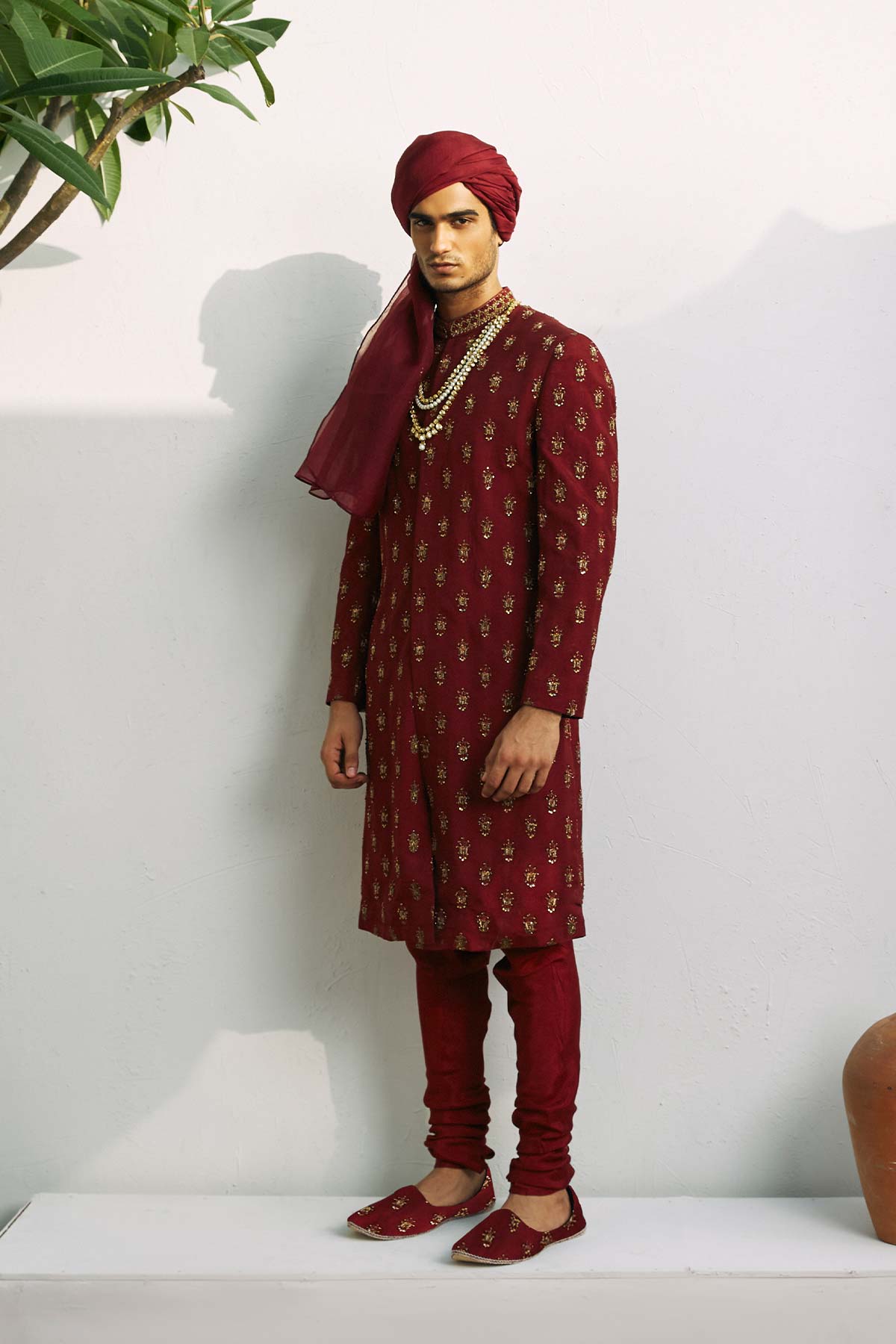 Burgundy Kora Dabka Raw Silk Sherwani (3-Piece) - Image 1