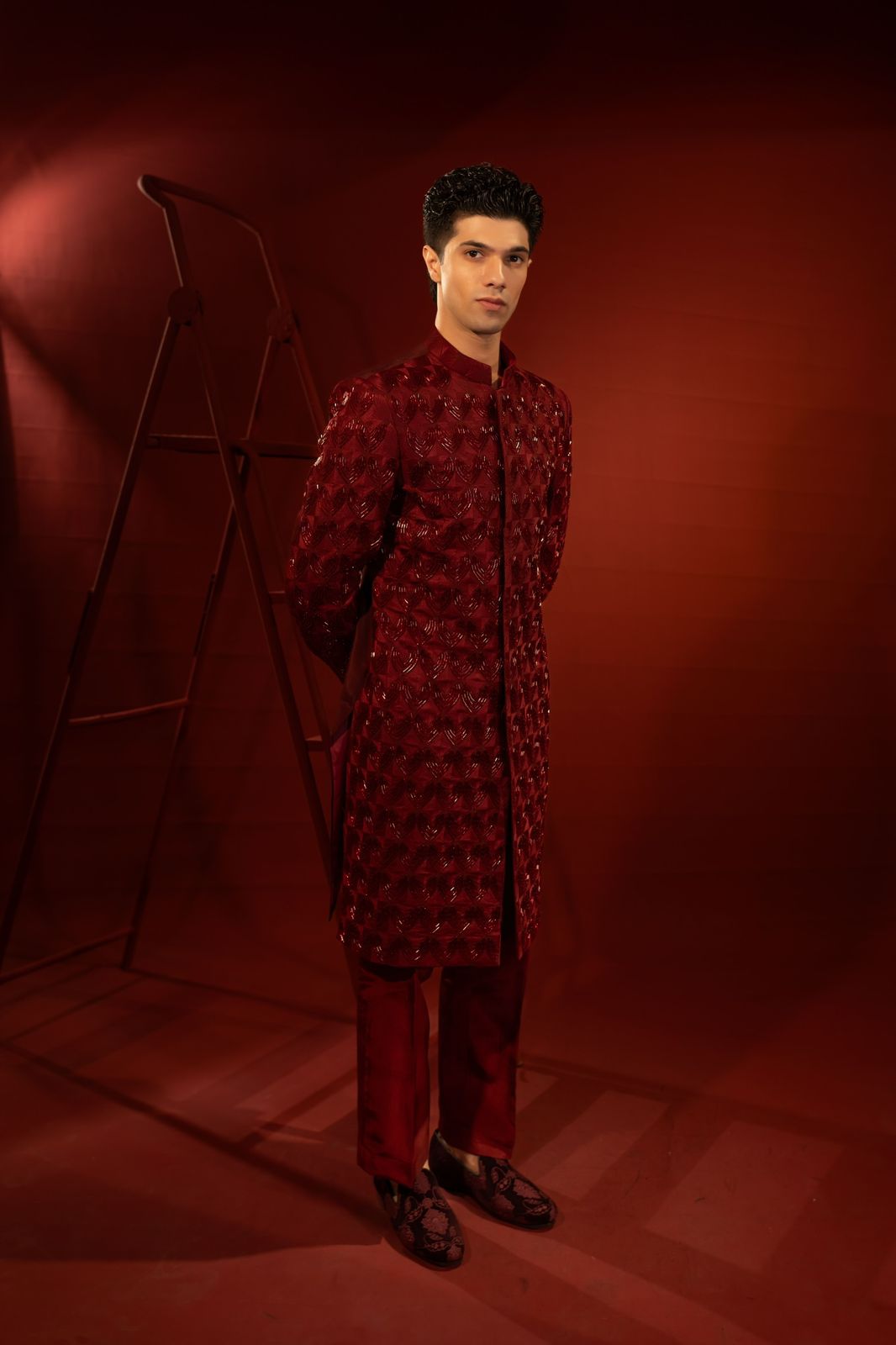 Maroon Embroidered Raw Silk Sherwani (2-Piece) - Image 1