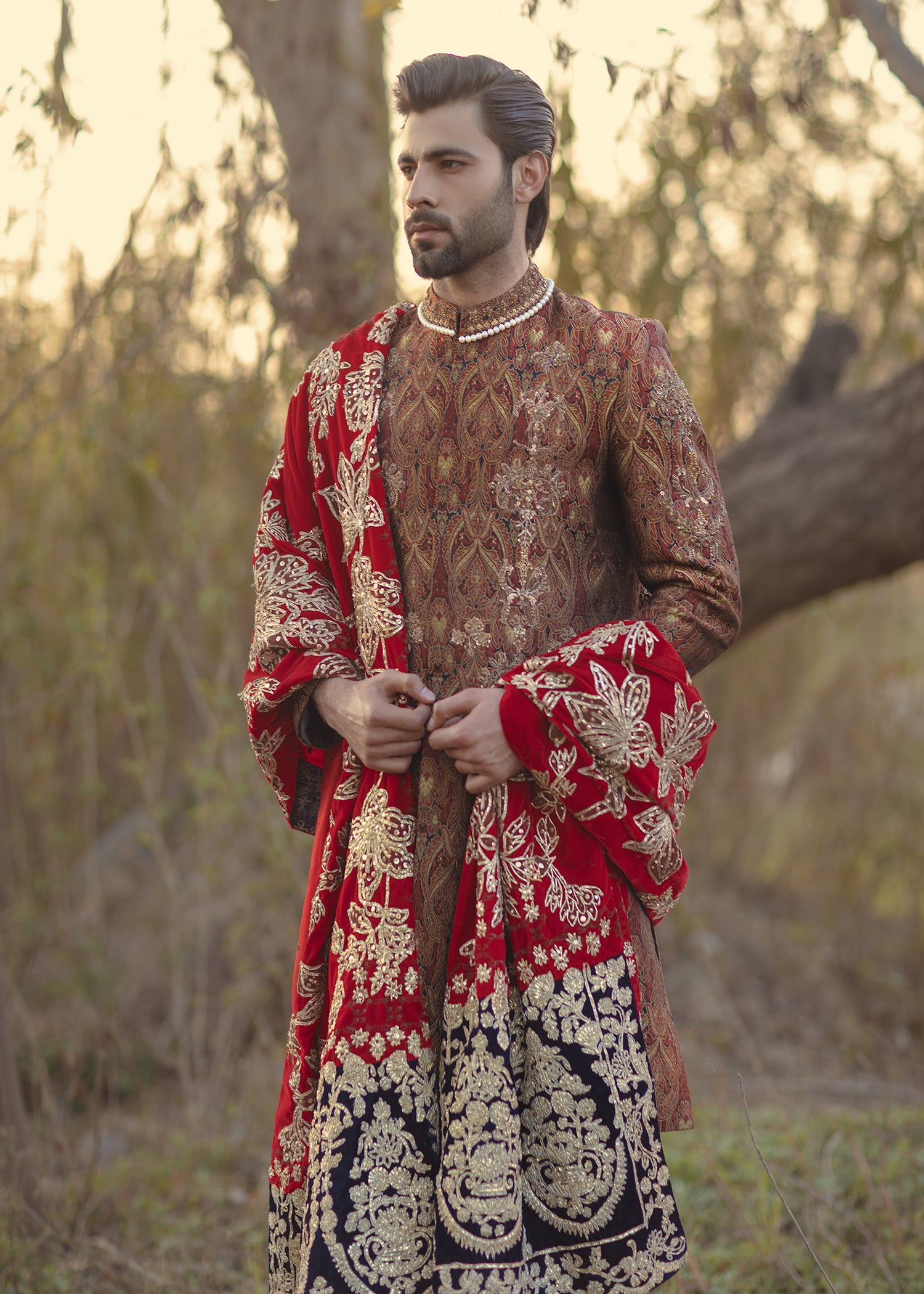Rust Paisley Sherwani with Red Embroidered Shawl (3-Piece) - Image 2