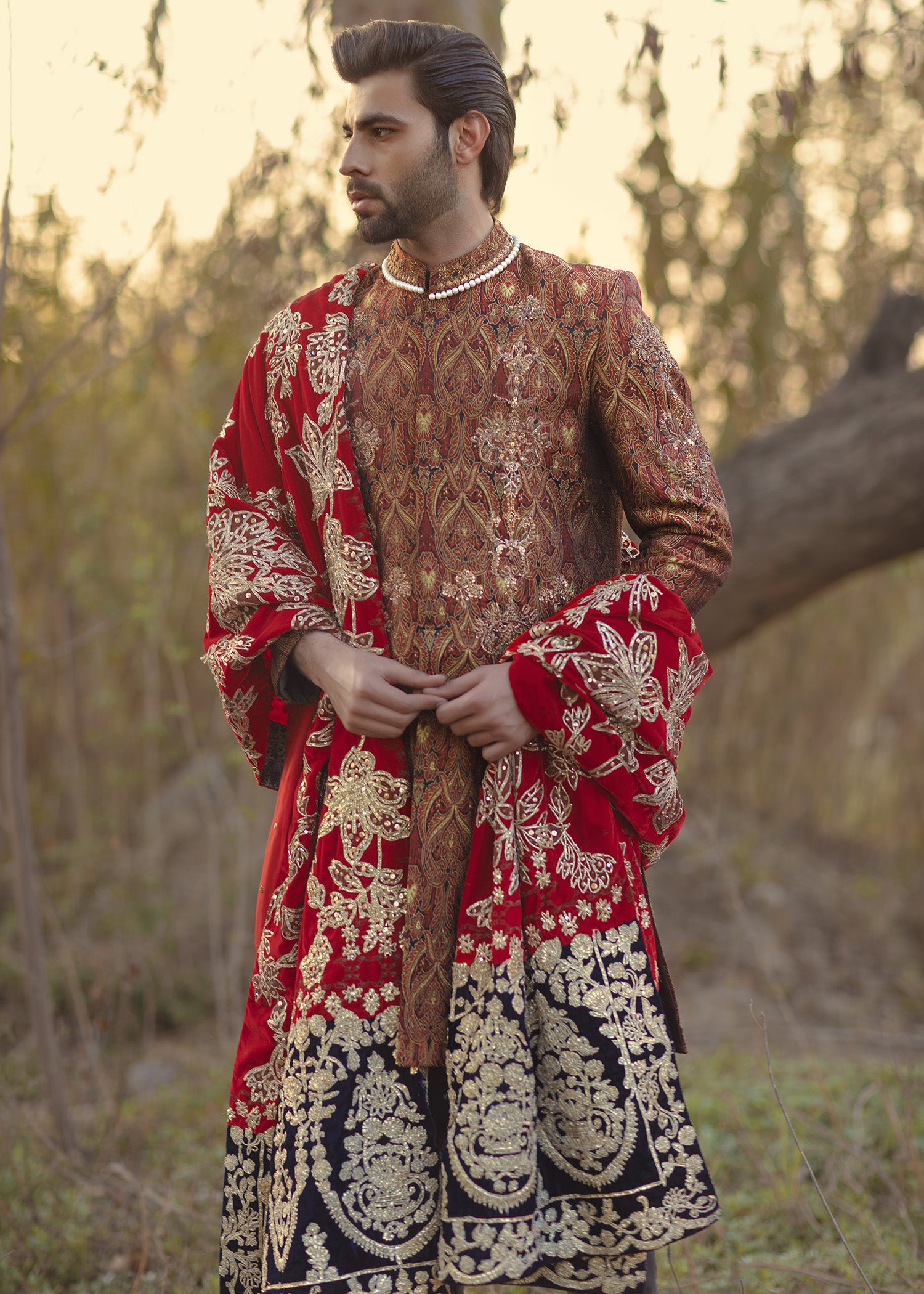 Rust Paisley Sherwani with Red Embroidered Shawl (3-Piece) - Image 3