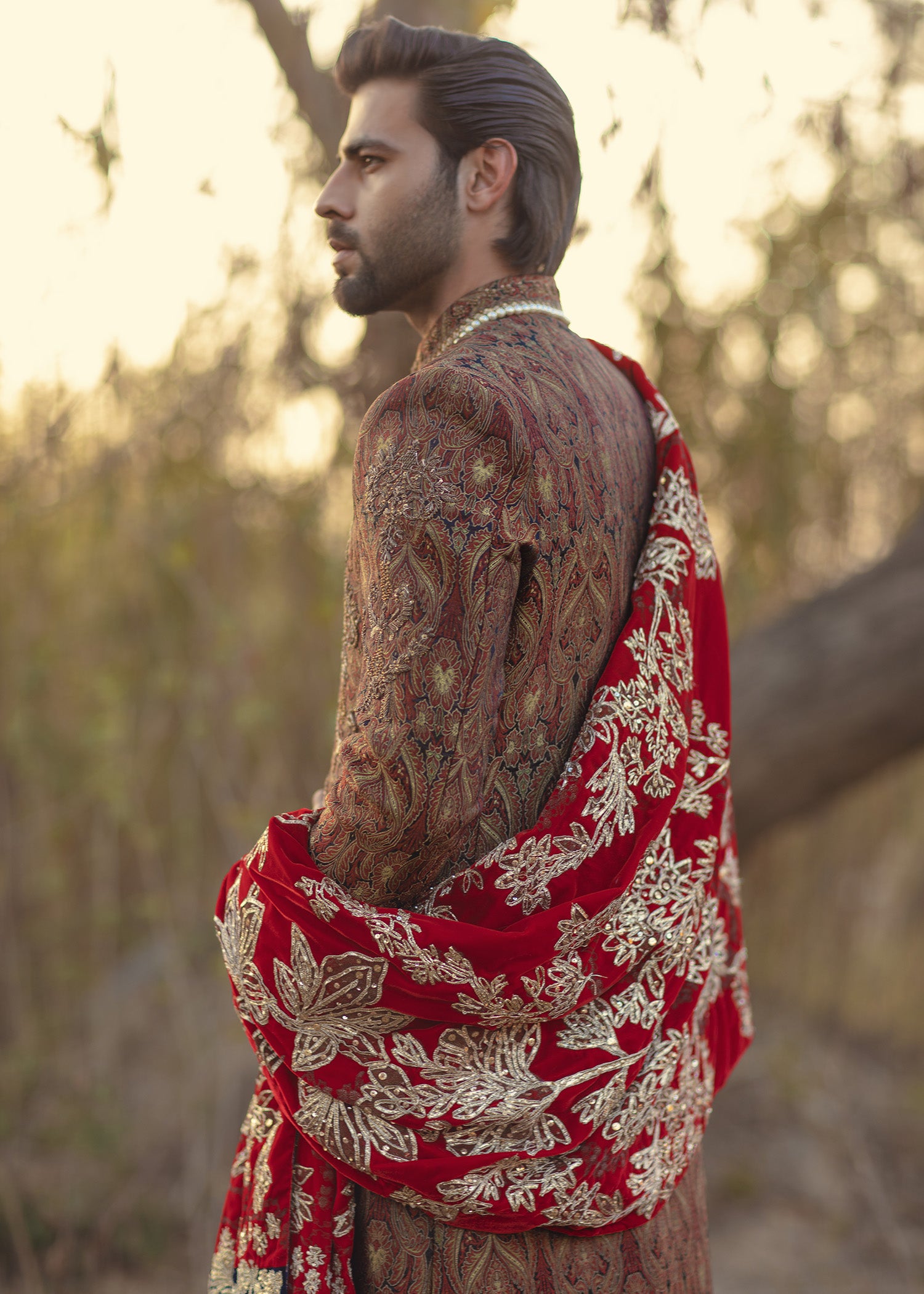 Rust Paisley Sherwani with Red Embroidered Shawl (3-Piece) - Image 4