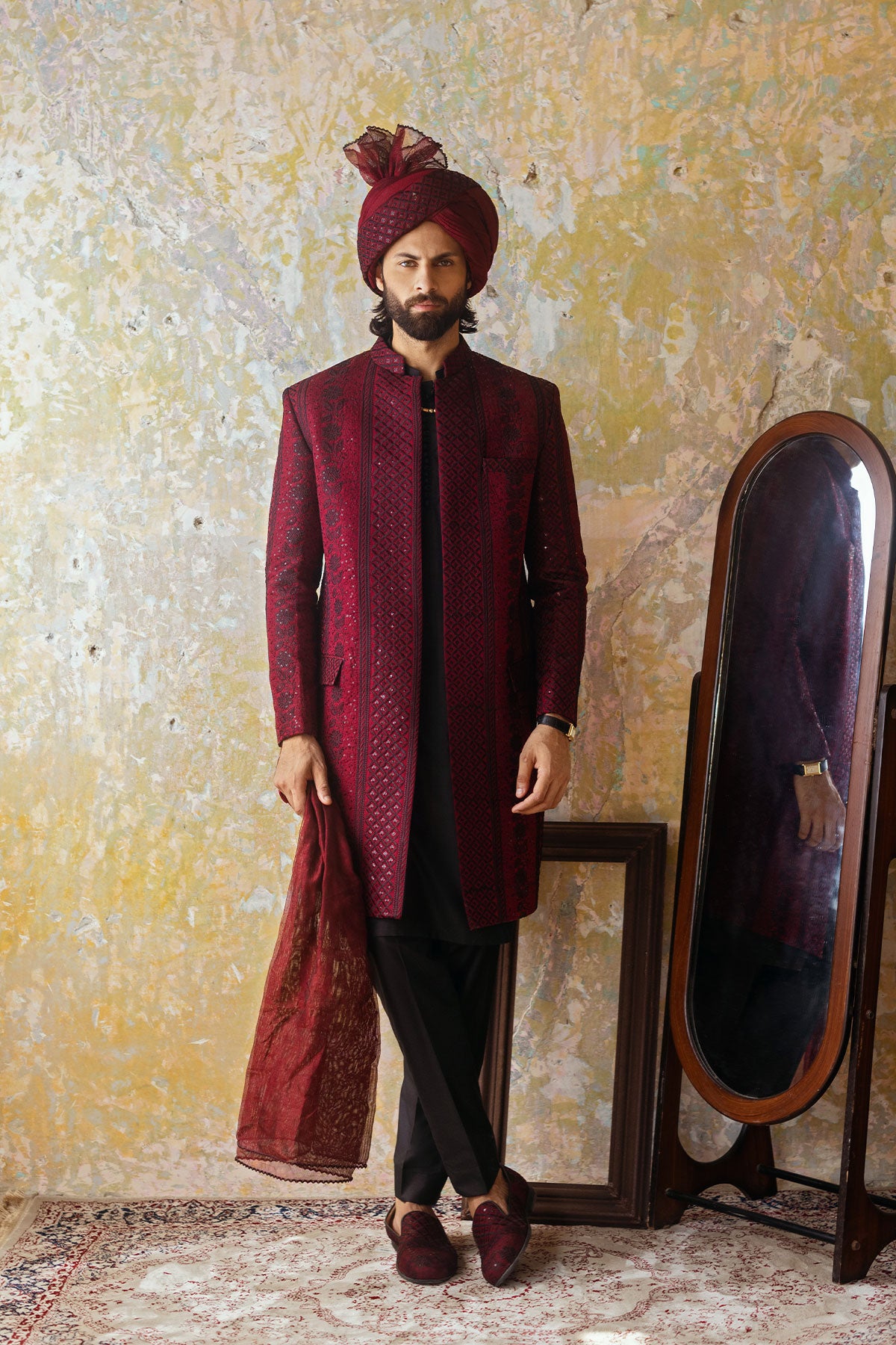 Deep Maroon Embroidered Silk-Blend Sherwani (3-Piece) - Image 1