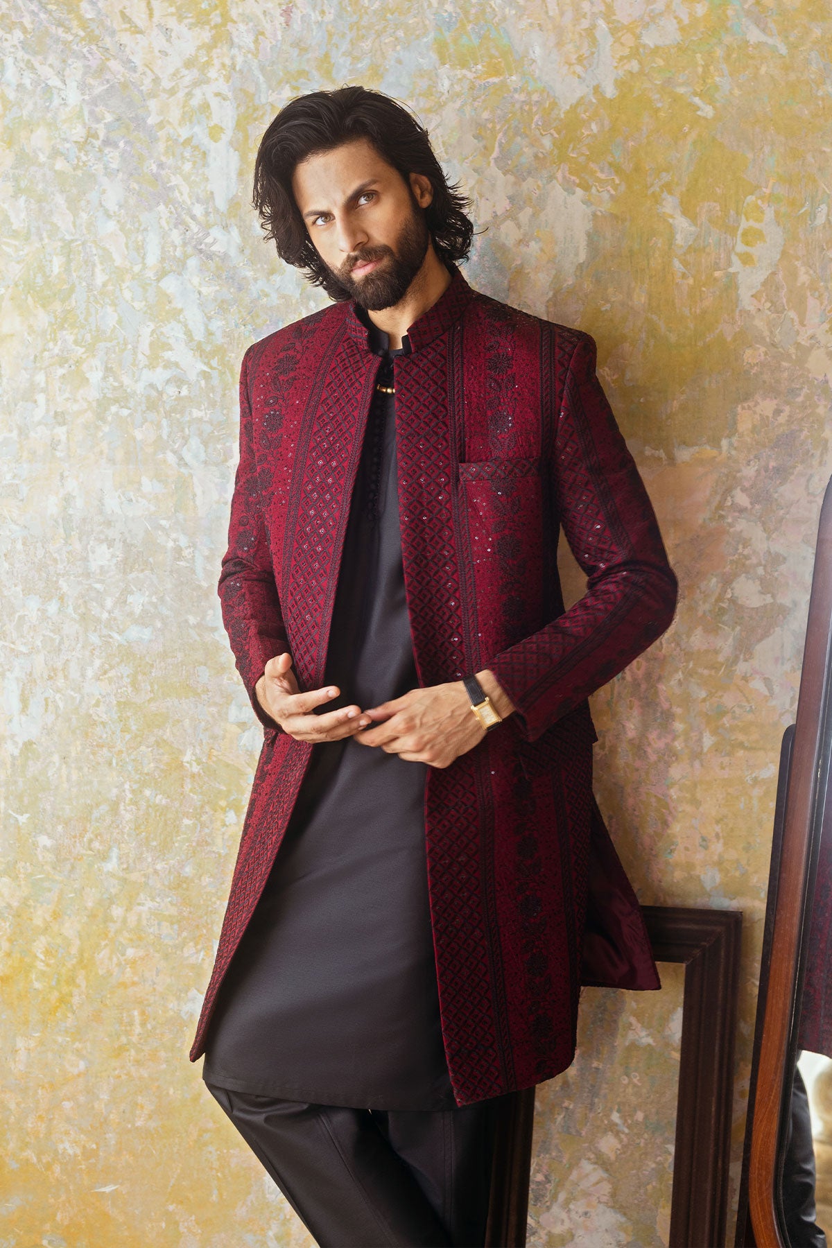 Deep Maroon Embroidered Silk-Blend Sherwani (3-Piece) - Image 2