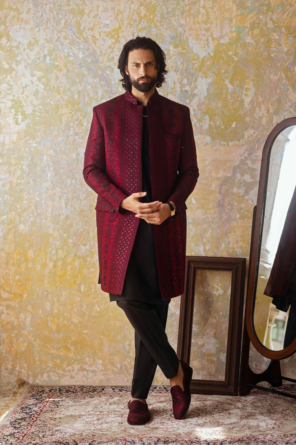 Deep Maroon Embroidered Silk-Blend Sherwani (3-Piece) - Image 3