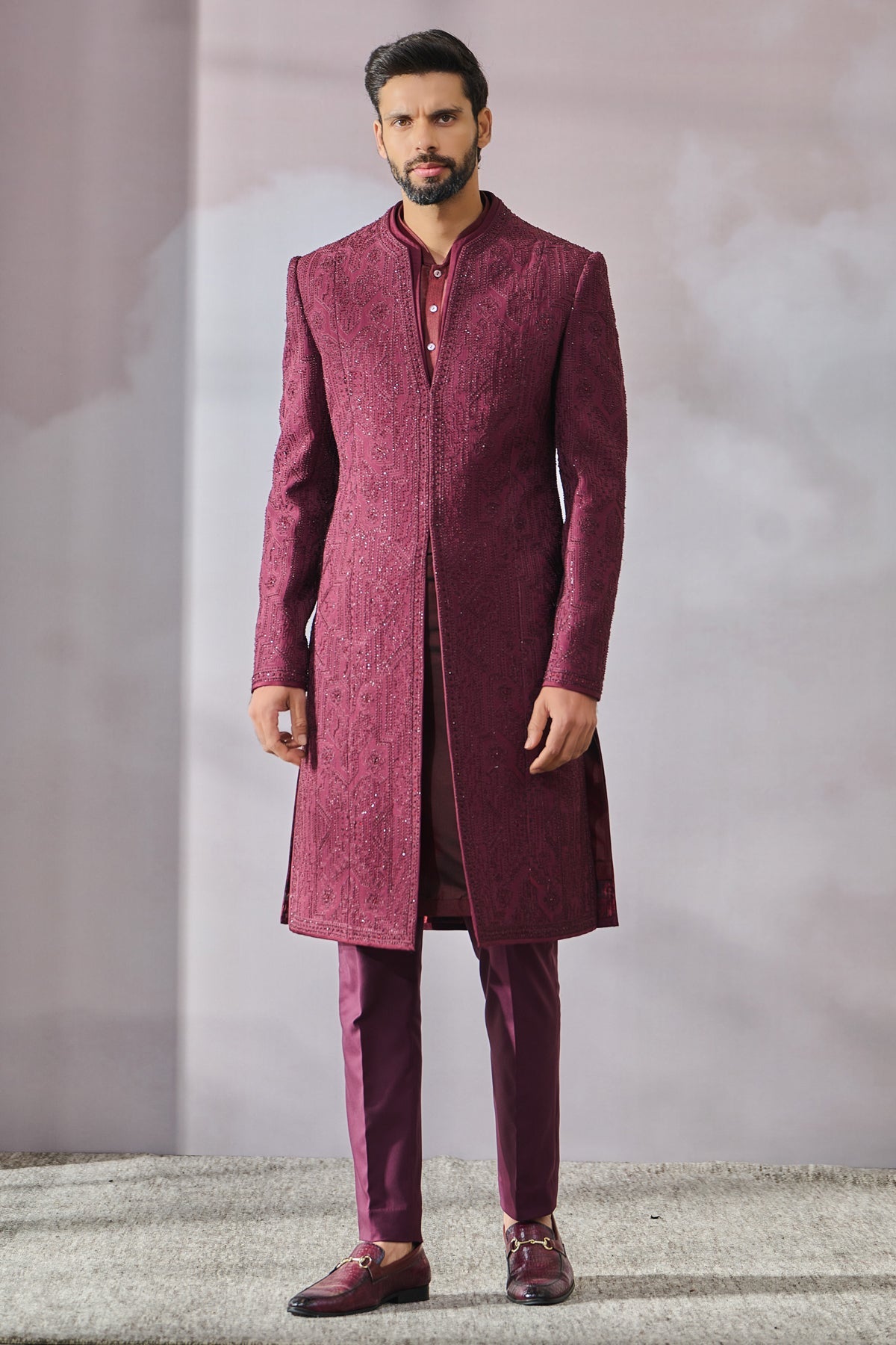 Wine Embroidered Suiting Fabric Sherwani (3-Piece) - Image 1