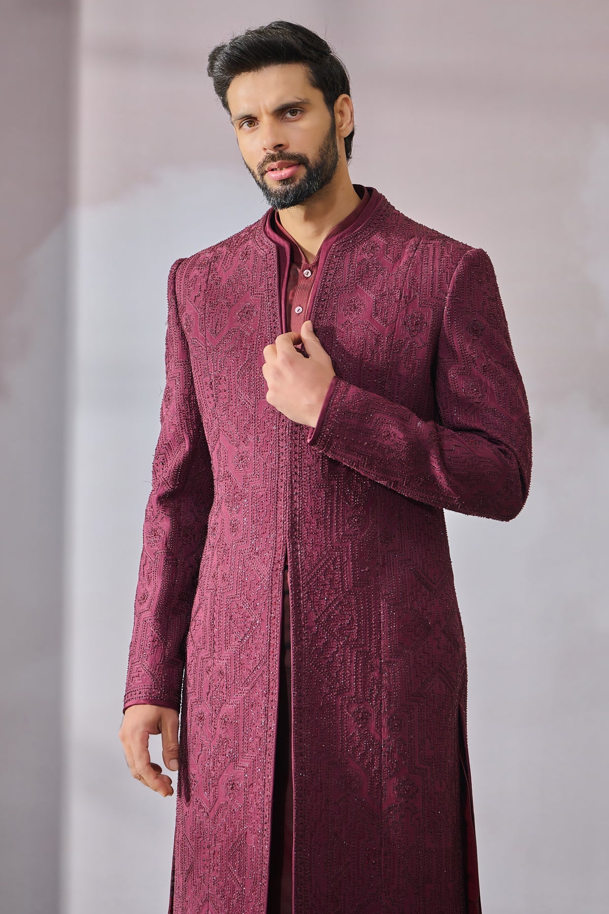 Wine Embroidered Suiting Fabric Sherwani (3-Piece) - Image 2