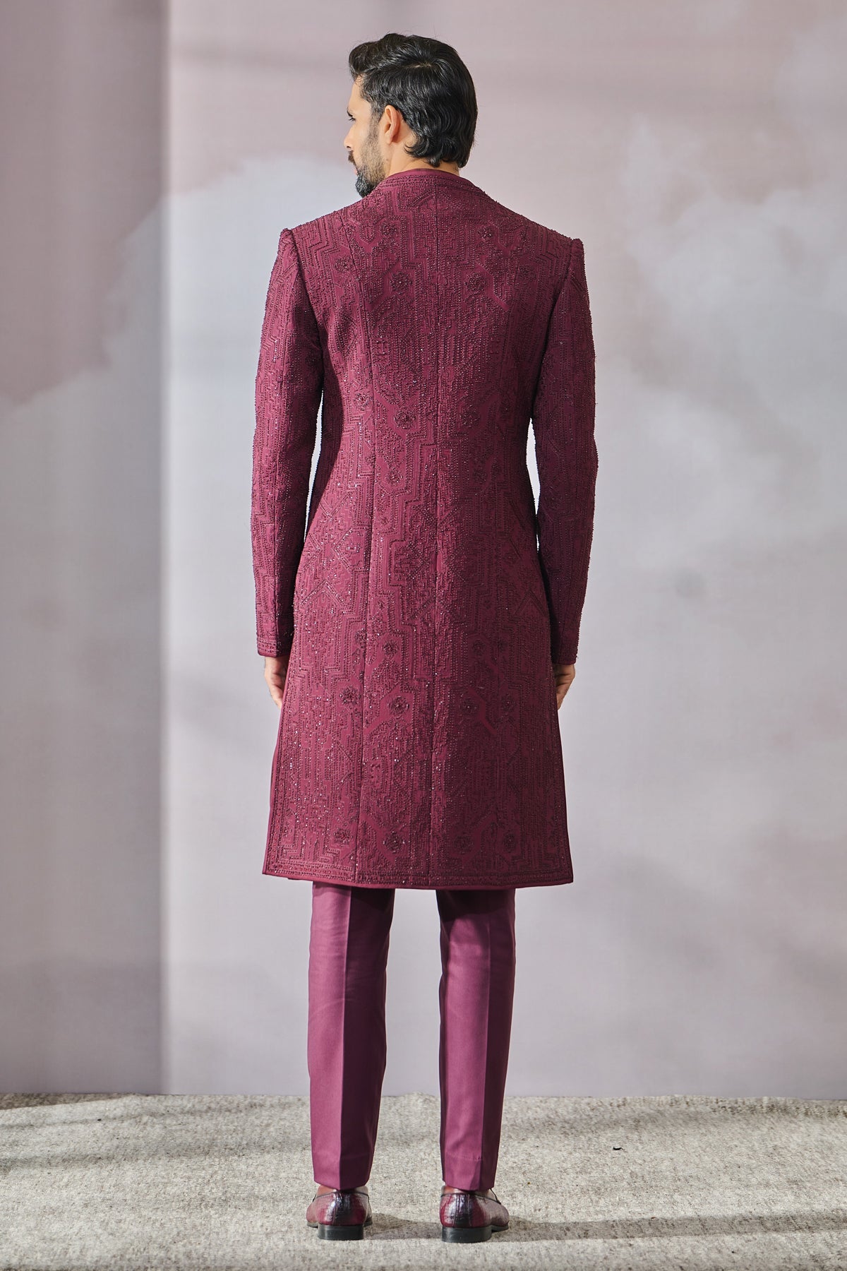 Wine Embroidered Suiting Fabric Sherwani (3-Piece) - Image 3