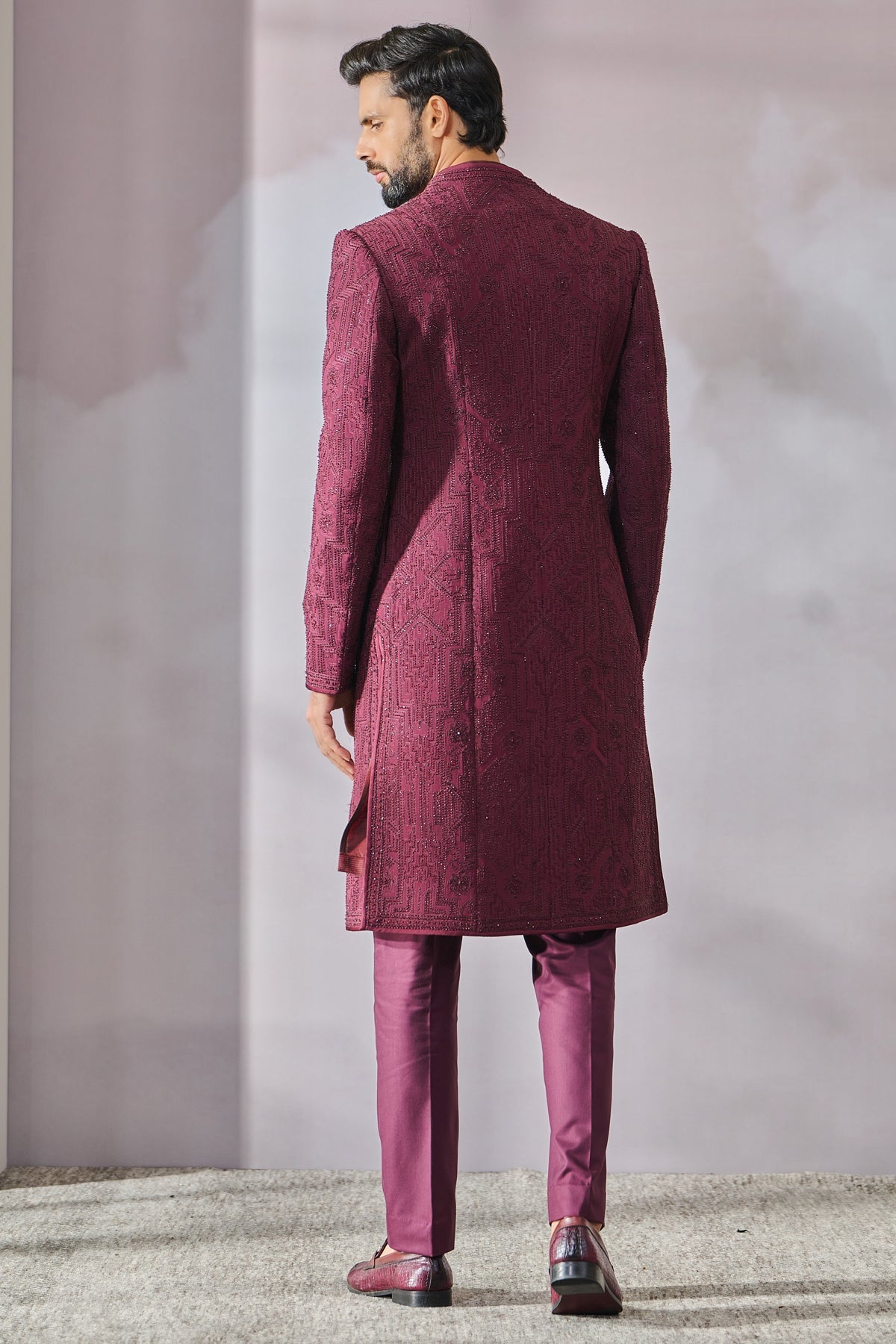 Wine Embroidered Suiting Fabric Sherwani (3-Piece) - Image 4
