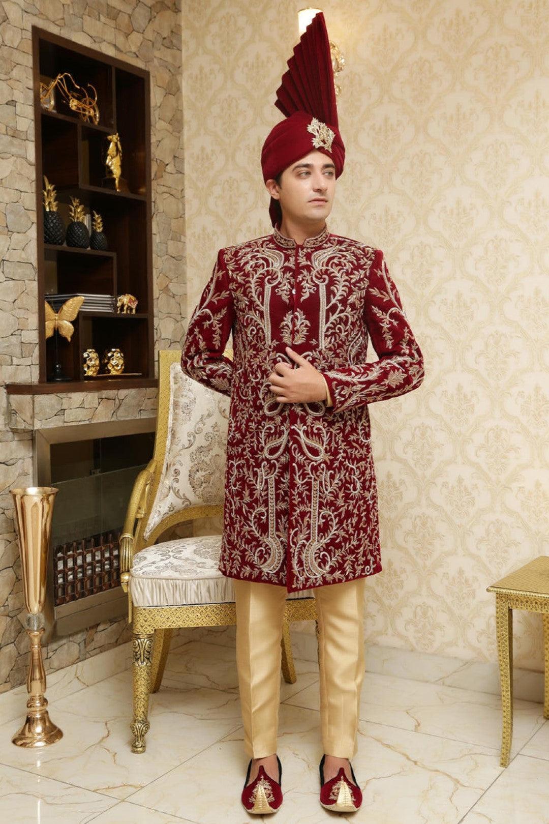 Mehroon Adda Work Velvet Sherwani (3-Piece) - Image 1