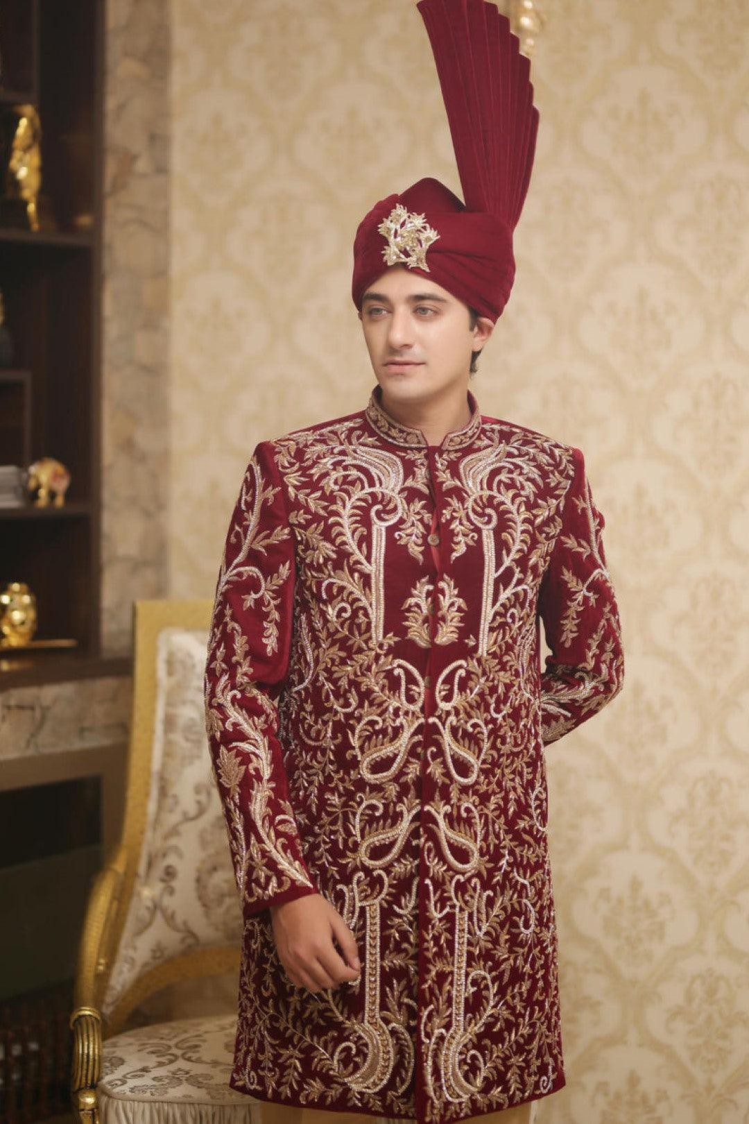 Mehroon Adda Work Velvet Sherwani (3-Piece) - Image 2