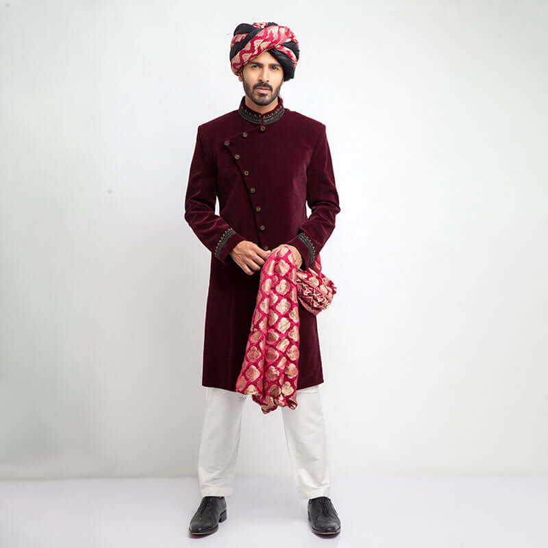 Deep Maroon Zardozi Velvet Sherwani (3-Piece) - Image 1