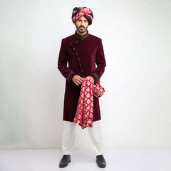 Deep Maroon Zardozi Velvet Sherwani (3-Piece) - Image 2