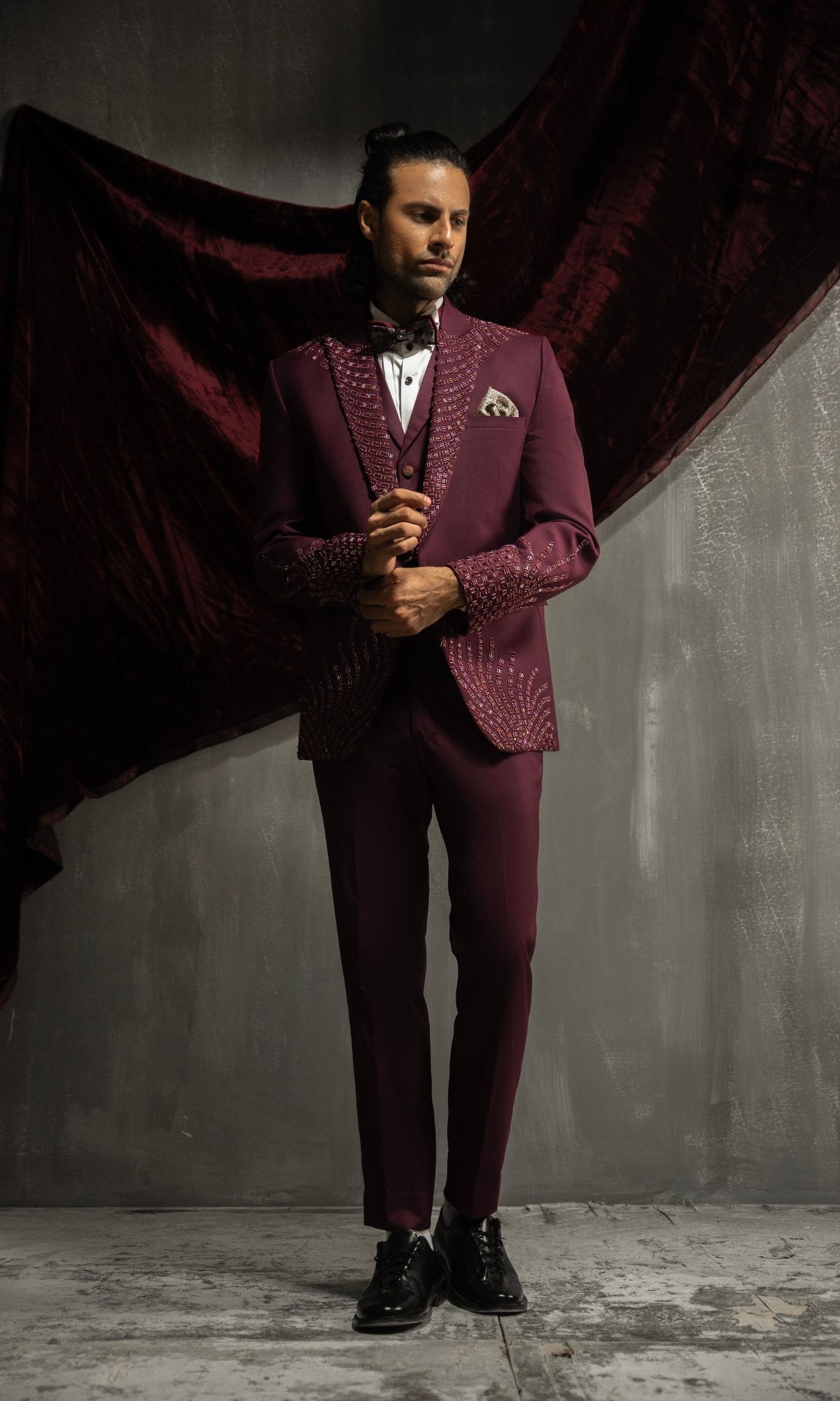Dark Maroon Beaded Wool Blend Tuxedo (3-Piece) - Image 2