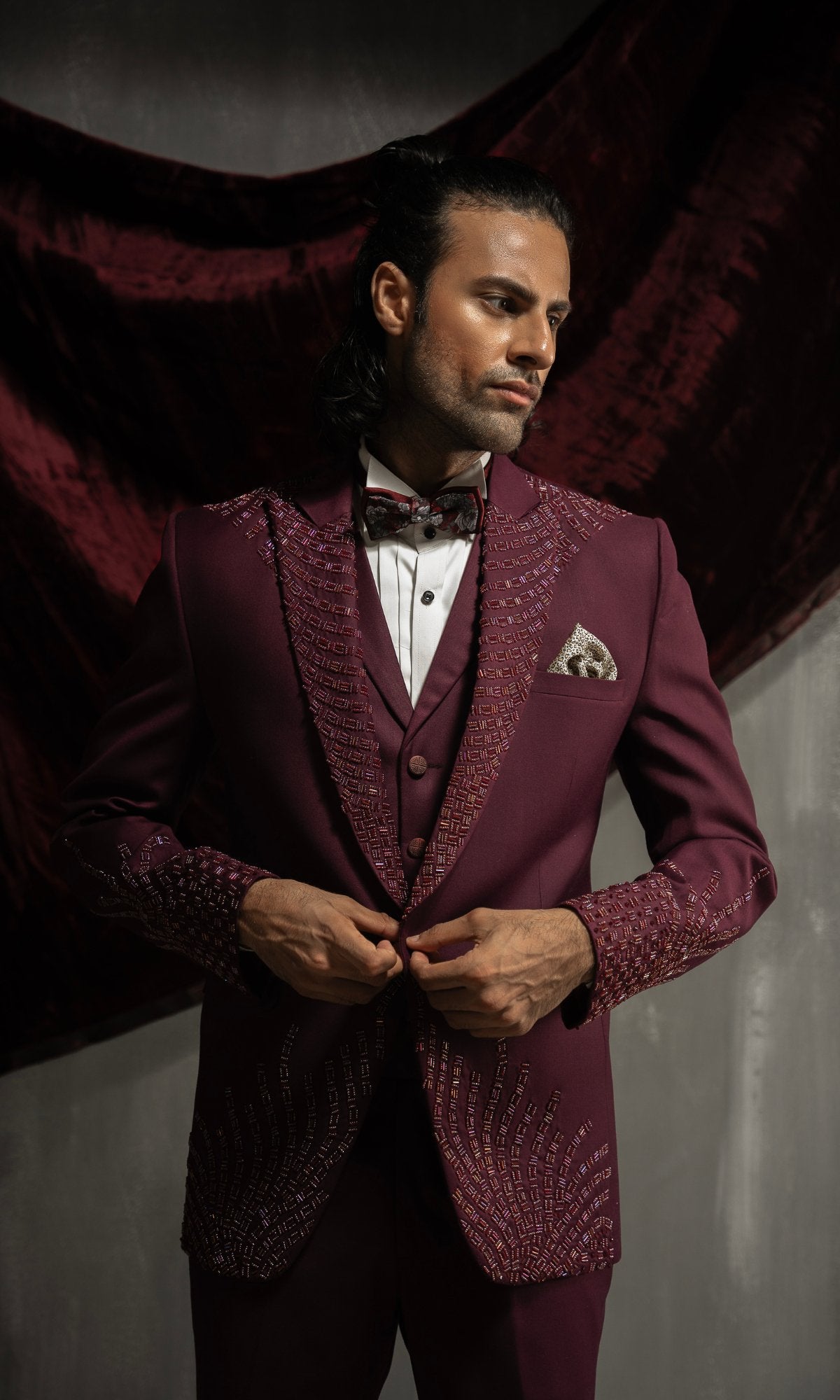 Dark Maroon Beaded Wool Blend Tuxedo (3-Piece) - Image 4