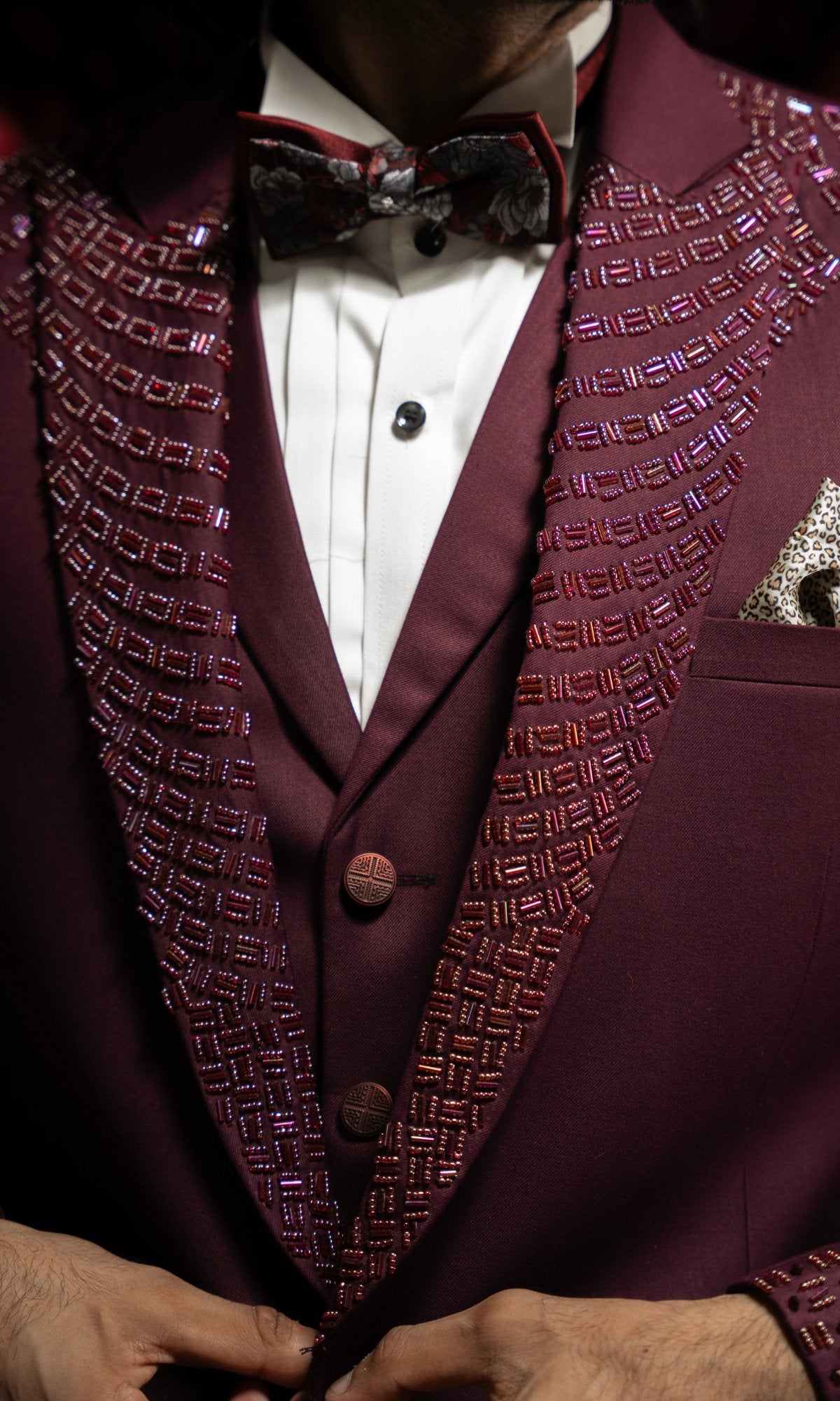 Dark Maroon Beaded Wool Blend Tuxedo (3-Piece) - Image 5