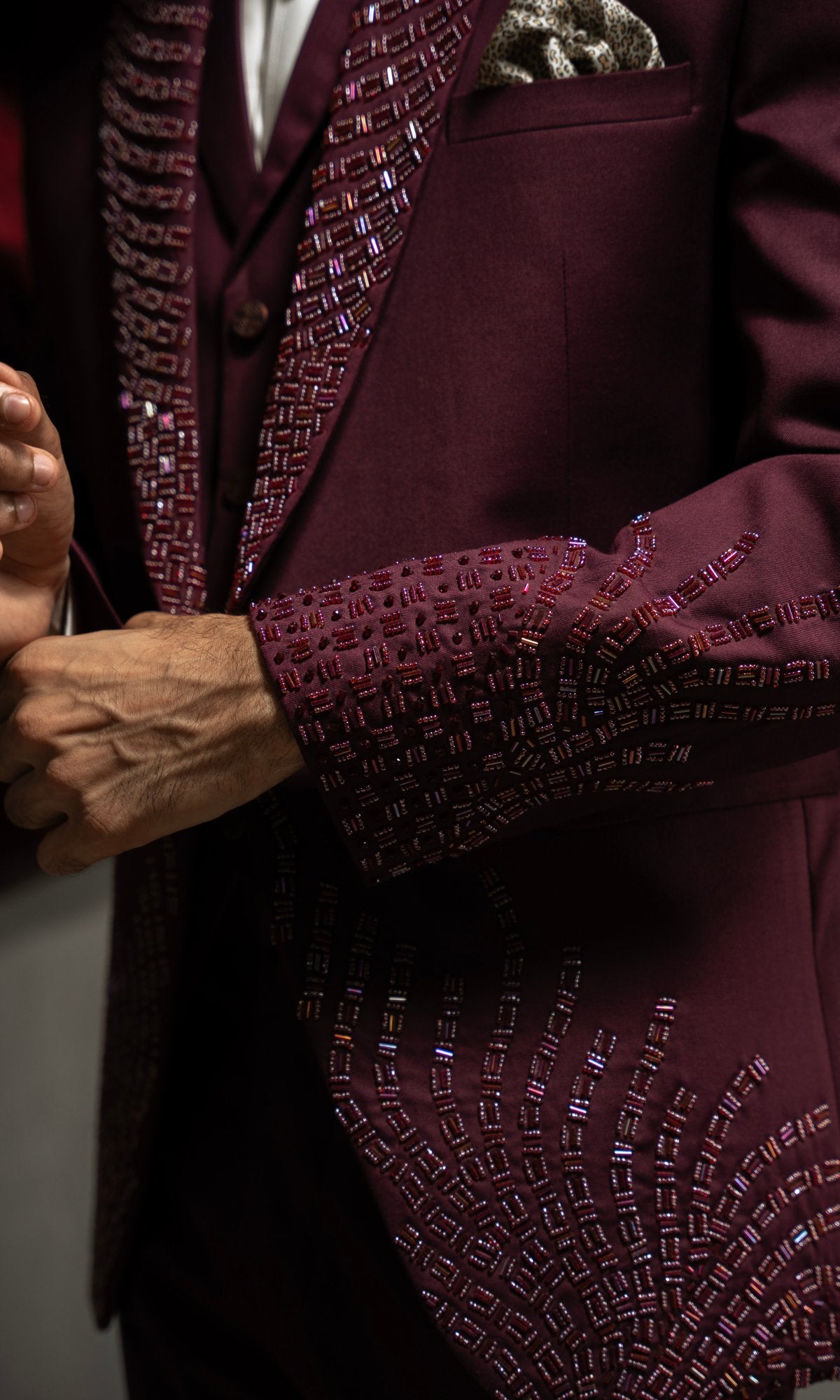 Dark Maroon Beaded Wool Blend Tuxedo (3-Piece) - Image 6