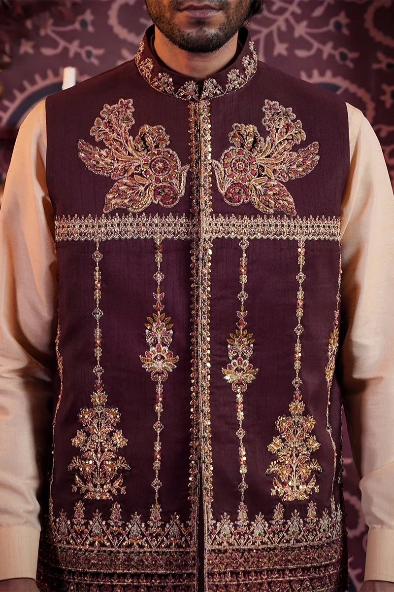Maroon Embroidered Baar Silk Awami Waistcoat Kurta (3-Piece) - Image 4