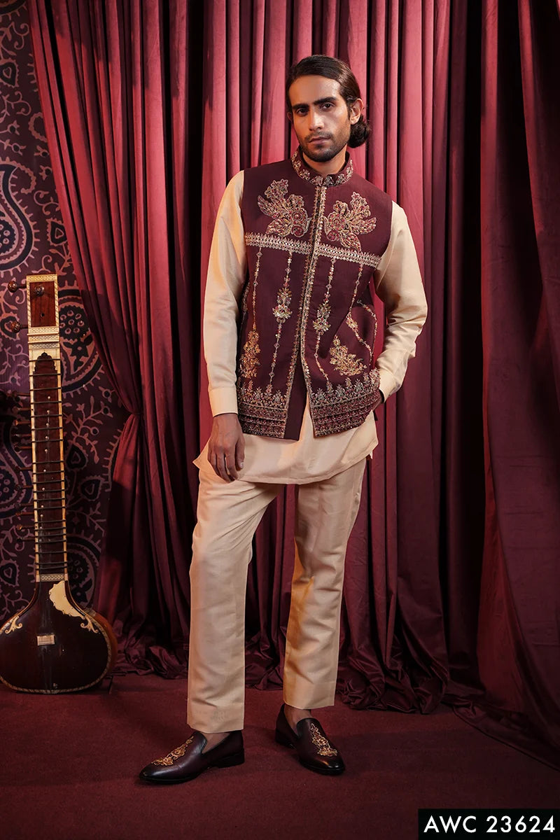 Maroon Embroidered Baar Silk Awami Waistcoat Kurta (3-Piece) - Image 1