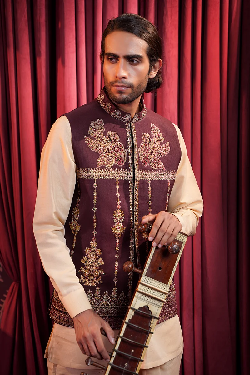 Maroon Embroidered Baar Silk Awami Waistcoat Kurta (3-Piece) - Image 2