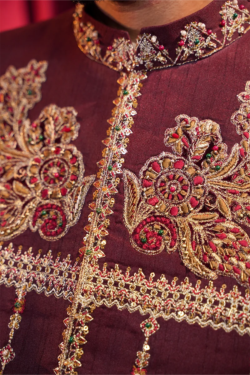 Maroon Embroidered Baar Silk Awami Waistcoat Kurta (3-Piece) - Image 3