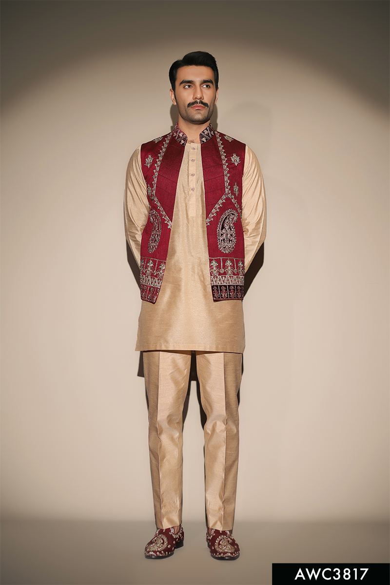 Maroon Embroidered Brocade Waistcoat (3-Piece) - Image 1