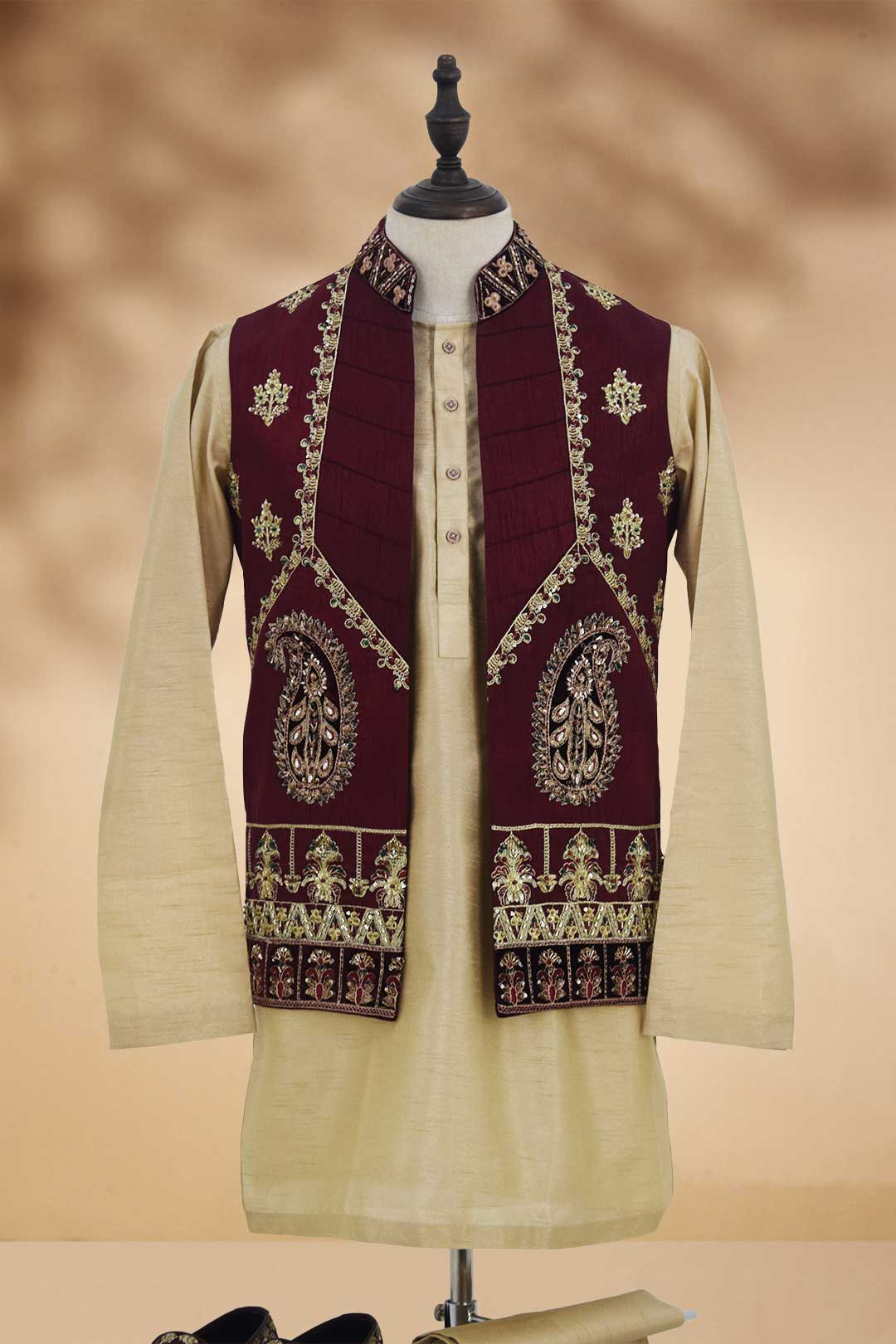 Maroon Embroidered Brocade Waistcoat (3-Piece) - Image 10