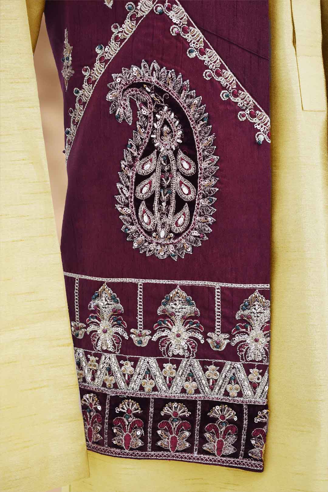 Maroon Embroidered Brocade Waistcoat (3-Piece) - Image 11