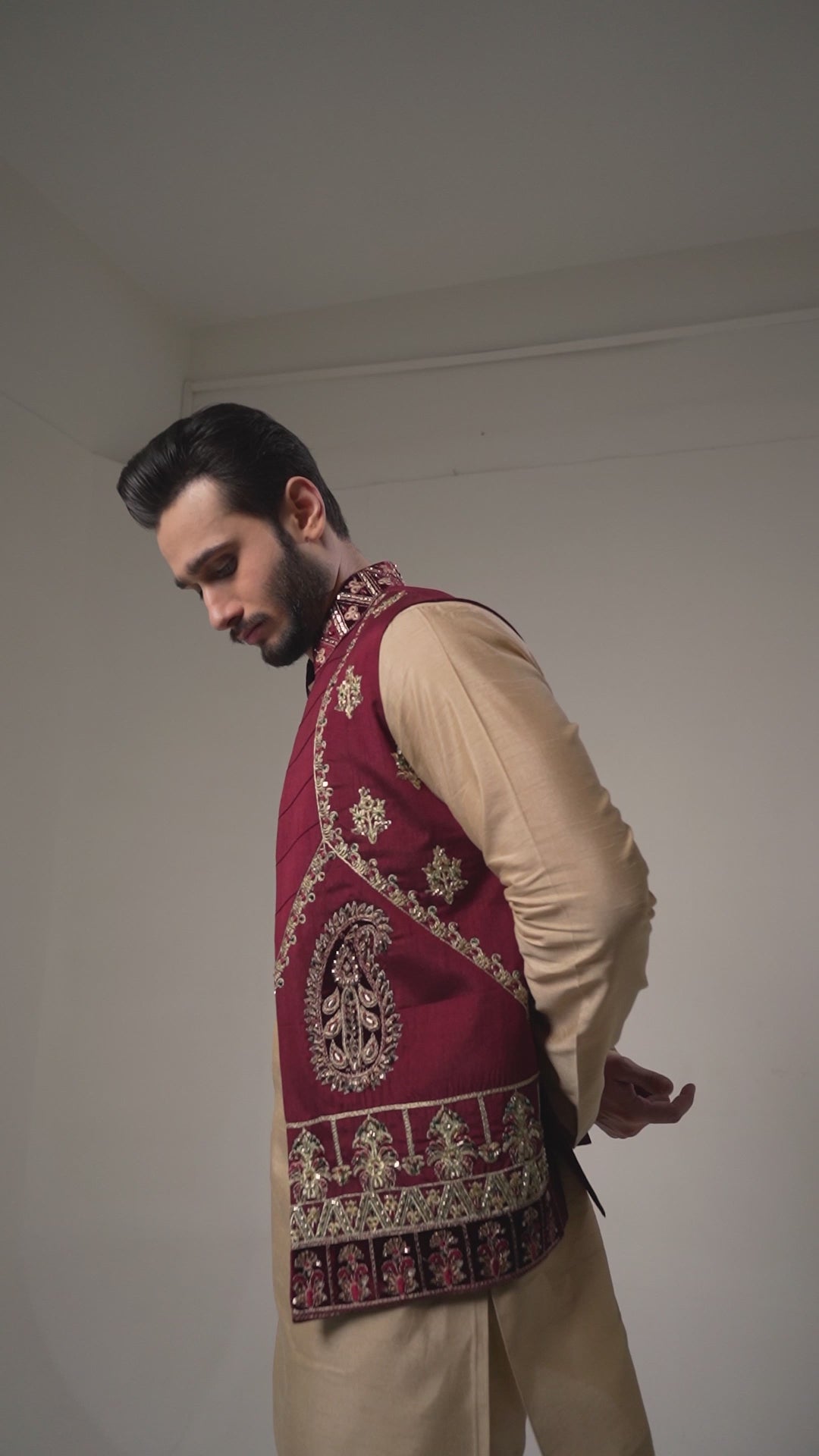 Maroon Embroidered Brocade Waistcoat (3-Piece) - Image 14