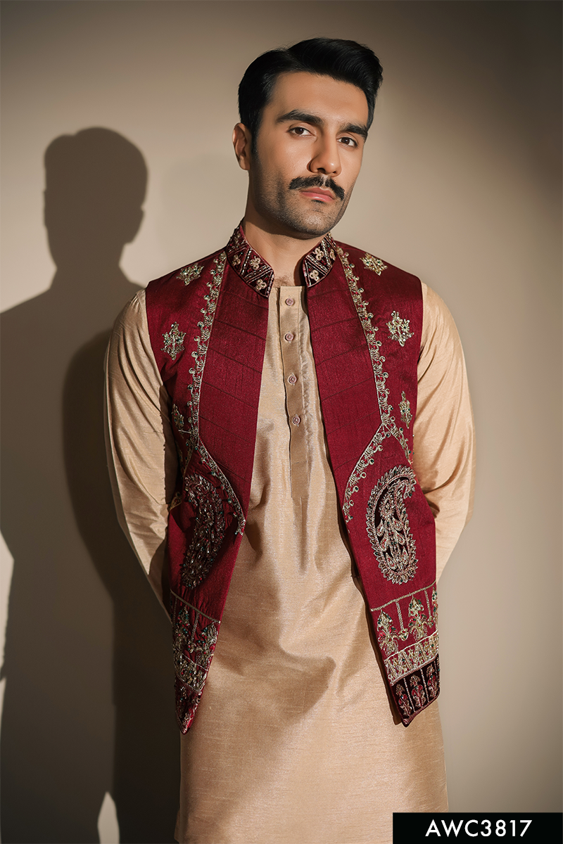 Maroon Embroidered Brocade Waistcoat (3-Piece) - Image 2