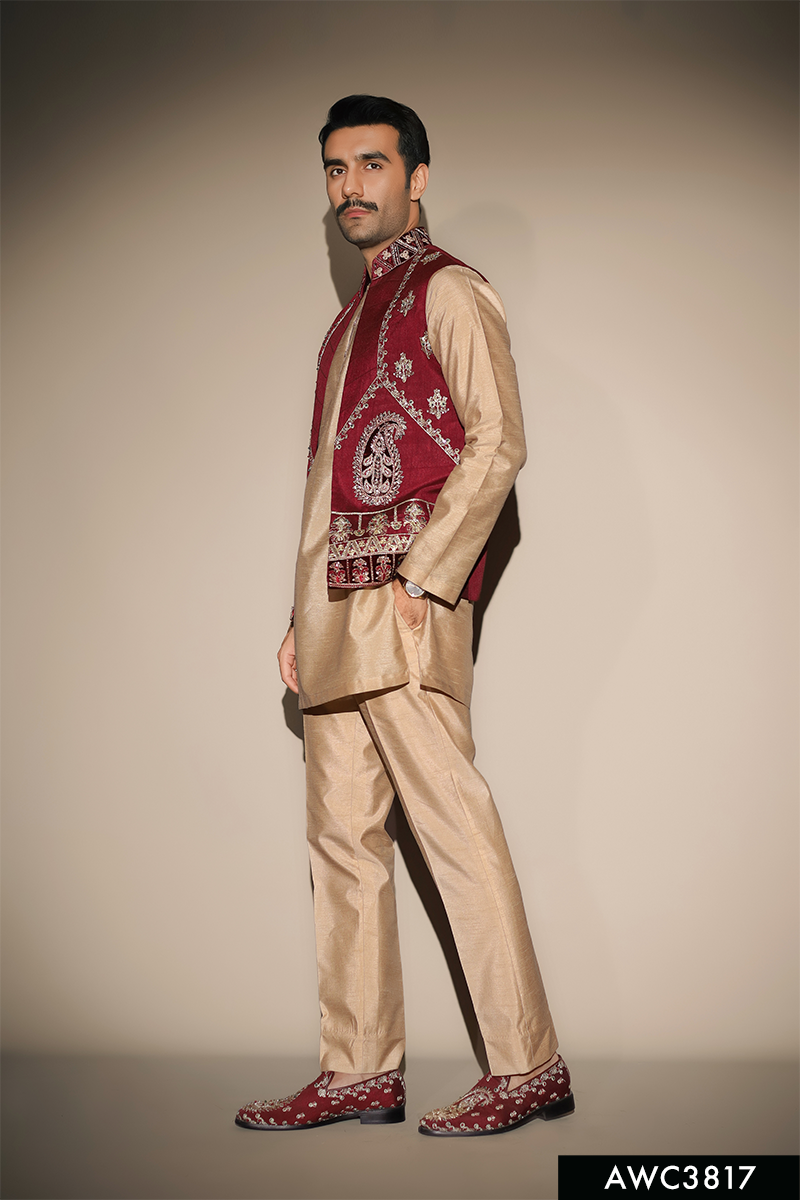 Maroon Embroidered Brocade Waistcoat (3-Piece) - Image 3