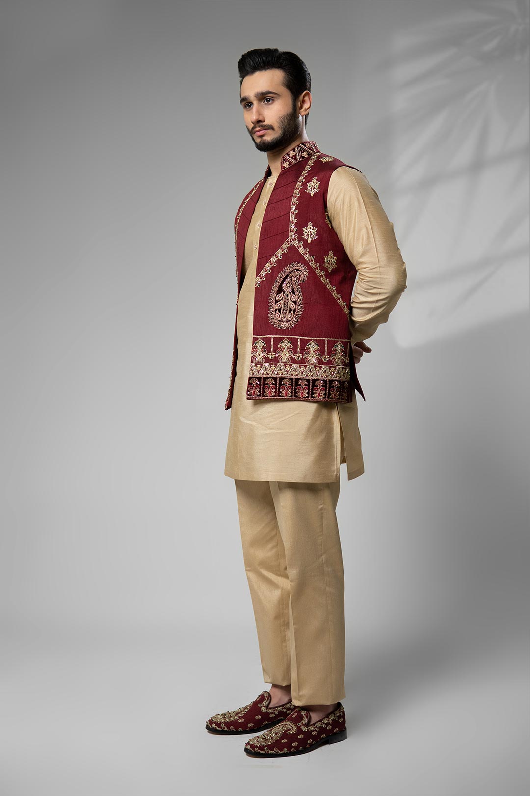 Maroon Embroidered Brocade Waistcoat (3-Piece) - Image 4