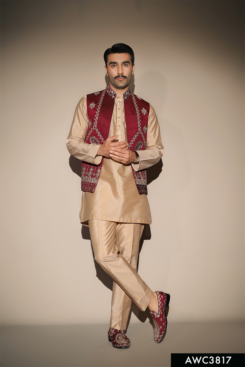 Maroon Embroidered Brocade Waistcoat (3-Piece) - Image 5