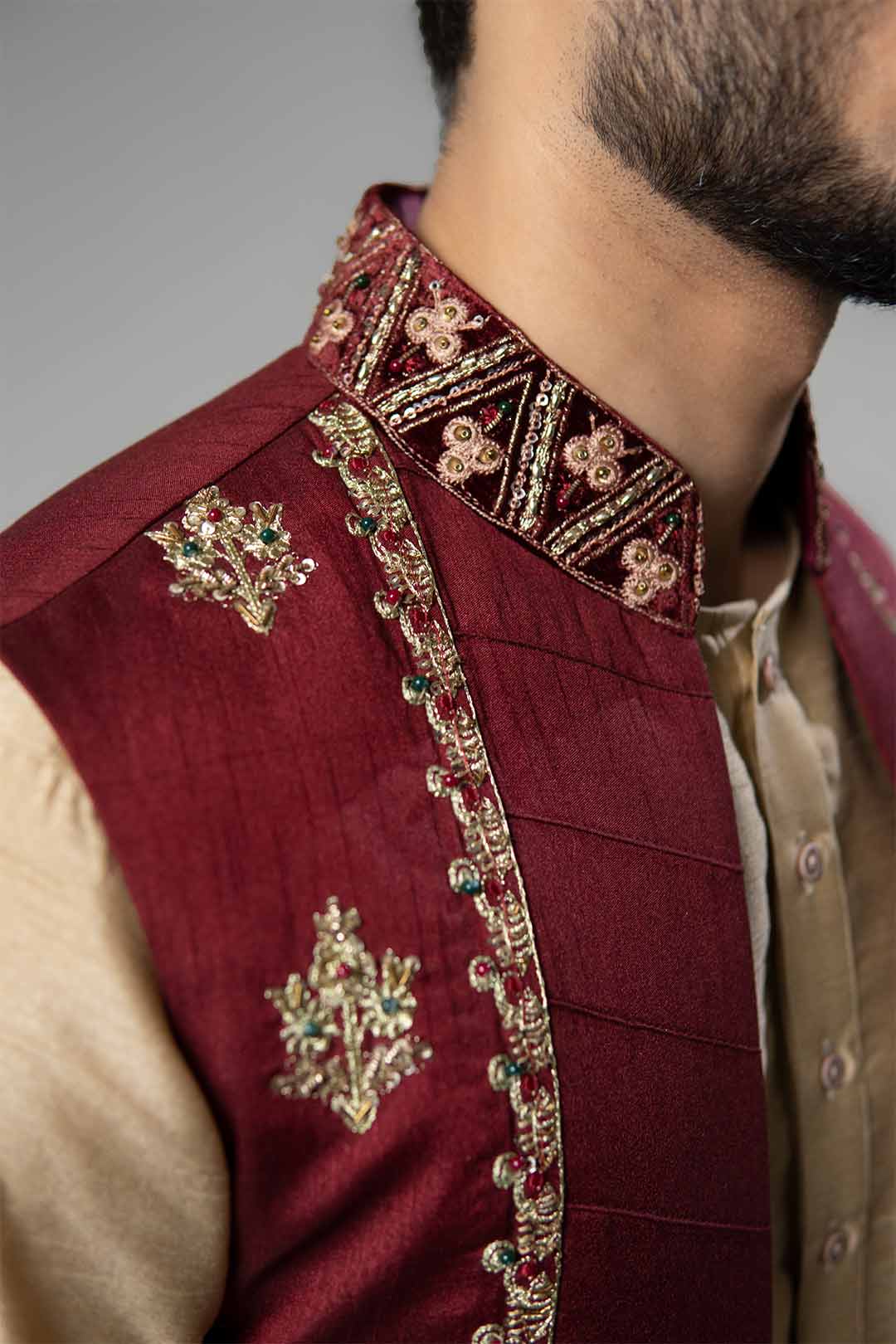 Maroon Embroidered Brocade Waistcoat (3-Piece) - Image 6