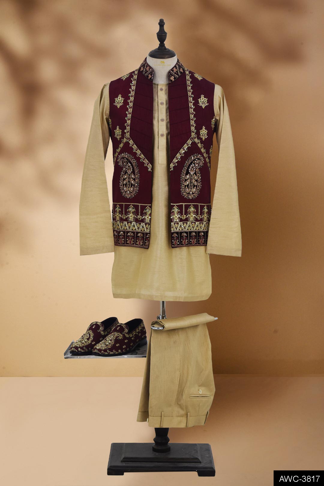 Maroon Embroidered Brocade Waistcoat (3-Piece) - Image 7