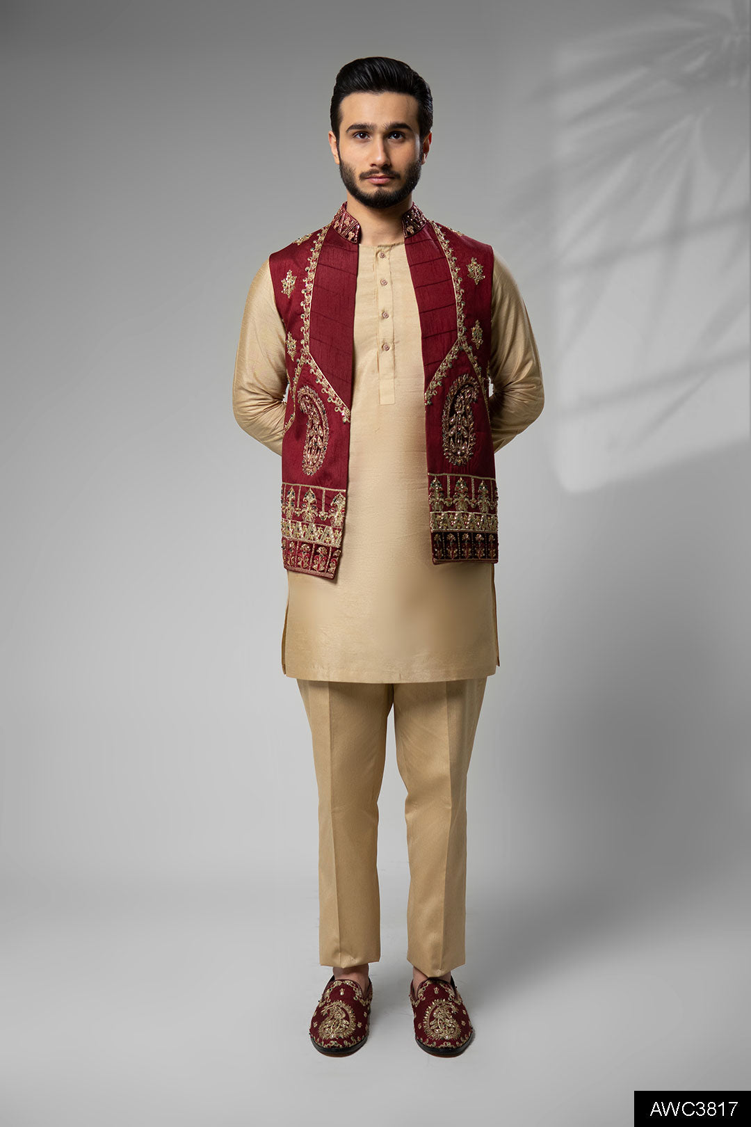 Maroon Embroidered Brocade Waistcoat (3-Piece) - Image 8