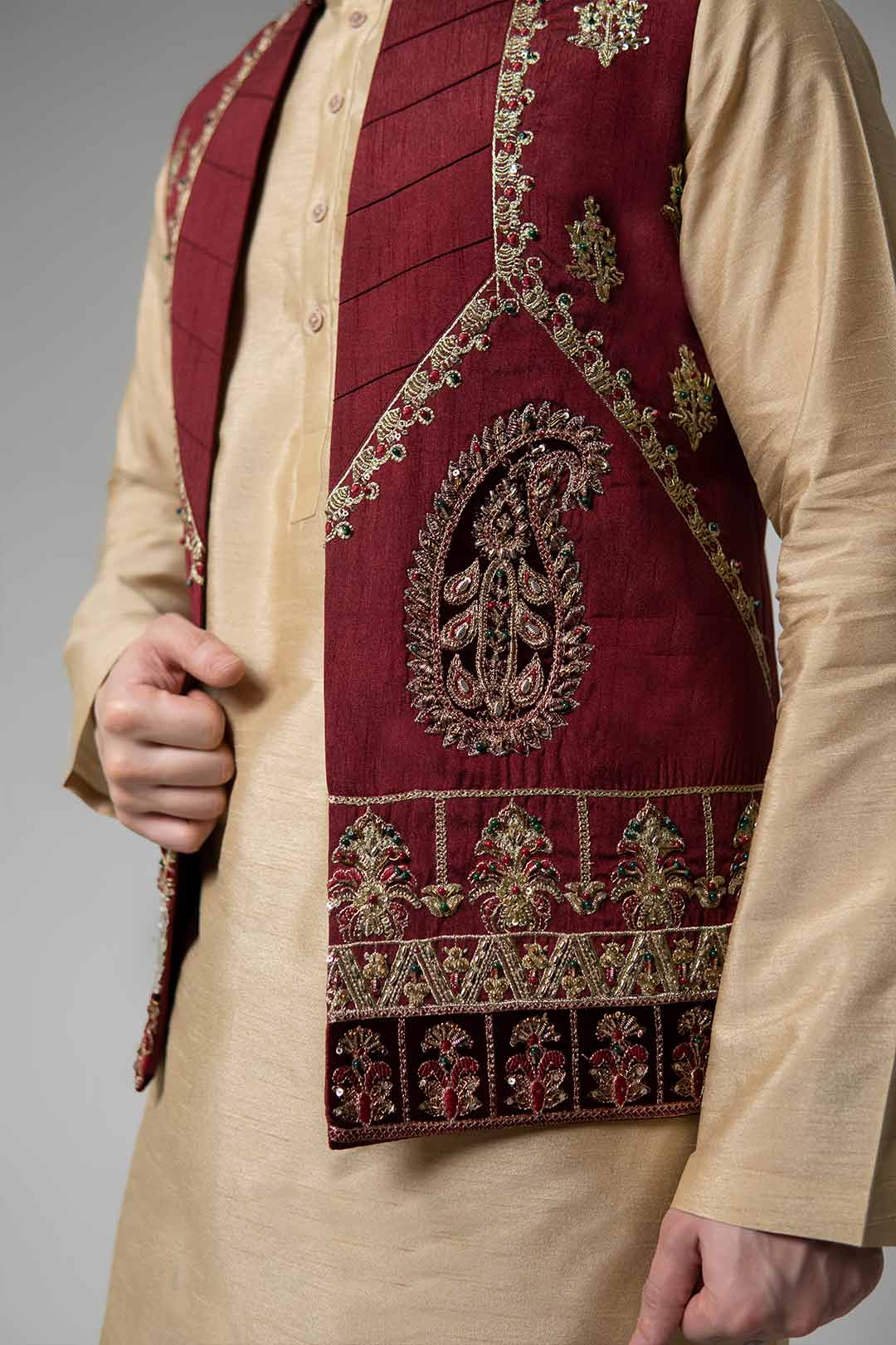 Maroon Embroidered Brocade Waistcoat (3-Piece) - Image 9