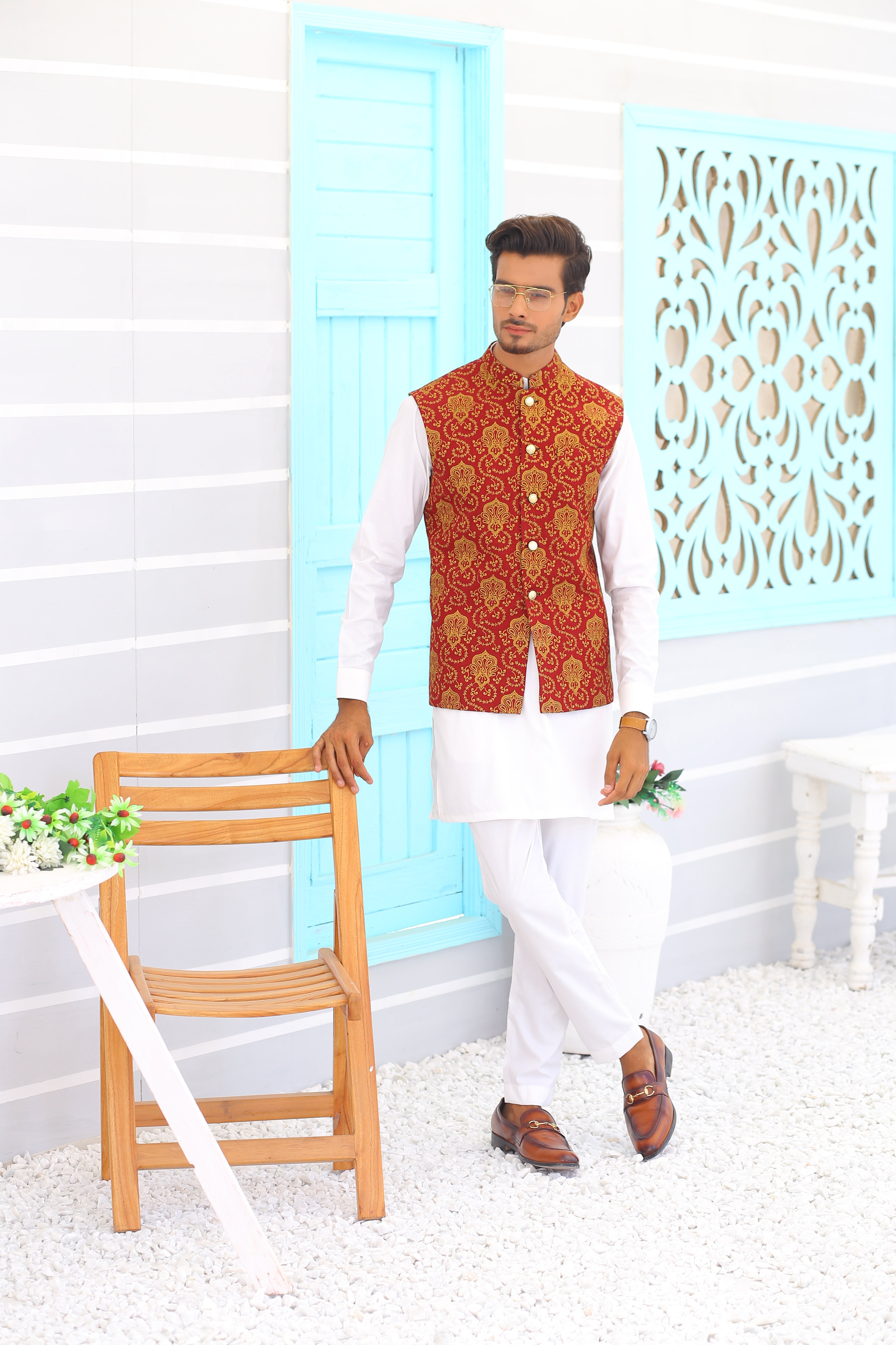 Maroon Gold Brocade Waistcoat Kurta Set (3-Piece) - Image 1