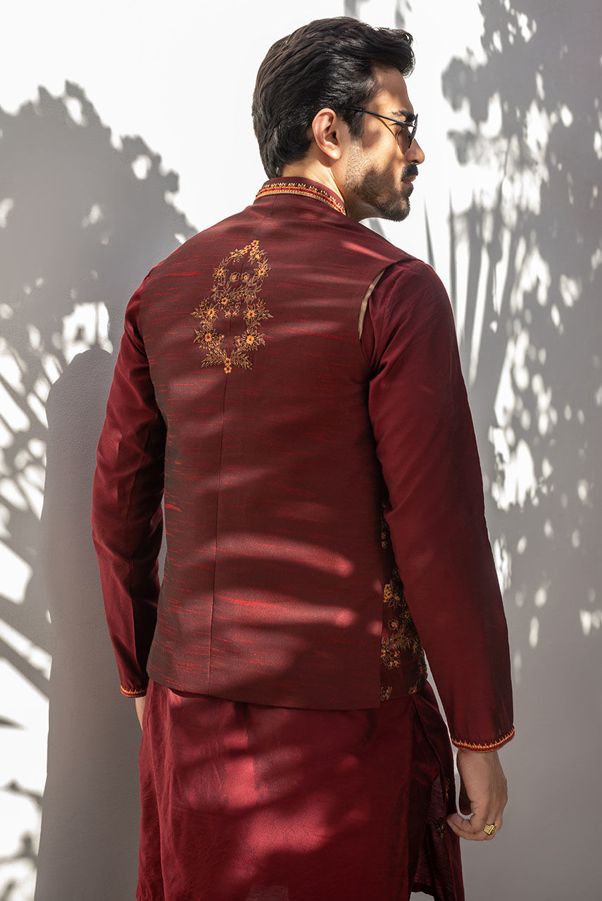 Maroon Embroidered Cotton Silk Waistcoat Kurta (3-Piece) - Image 5