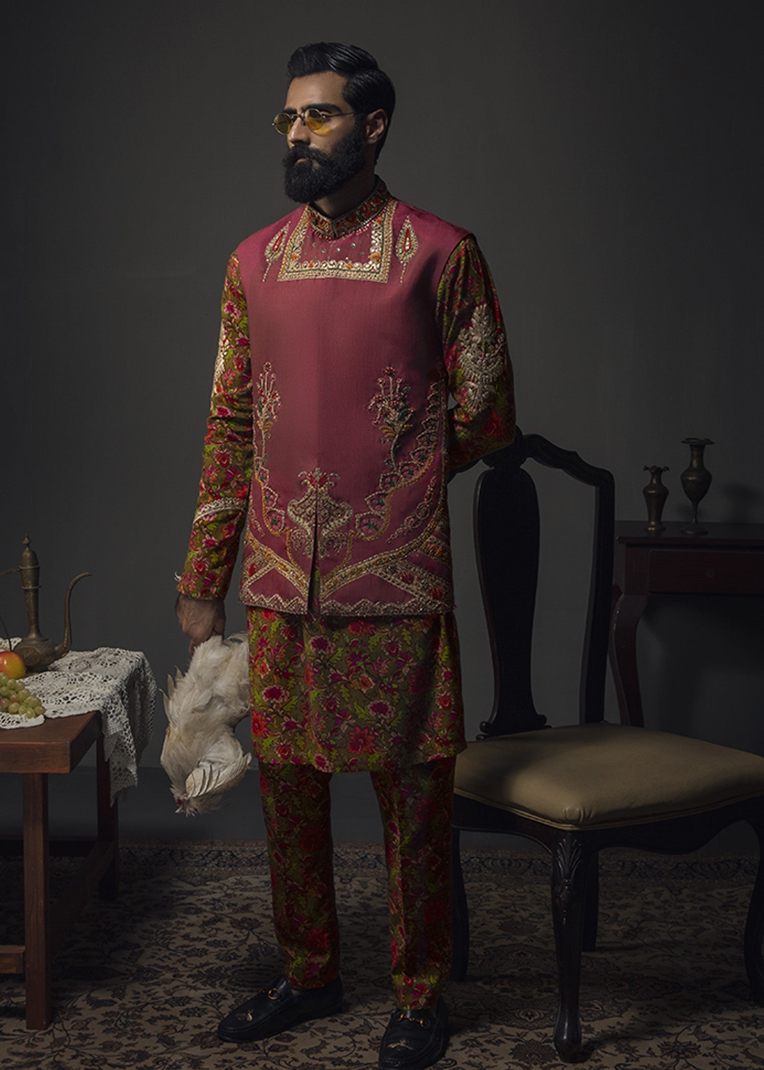 Dull Crimson Zardozi Cotton Waistcoat Kurta Set (3-Piece) - Image 10