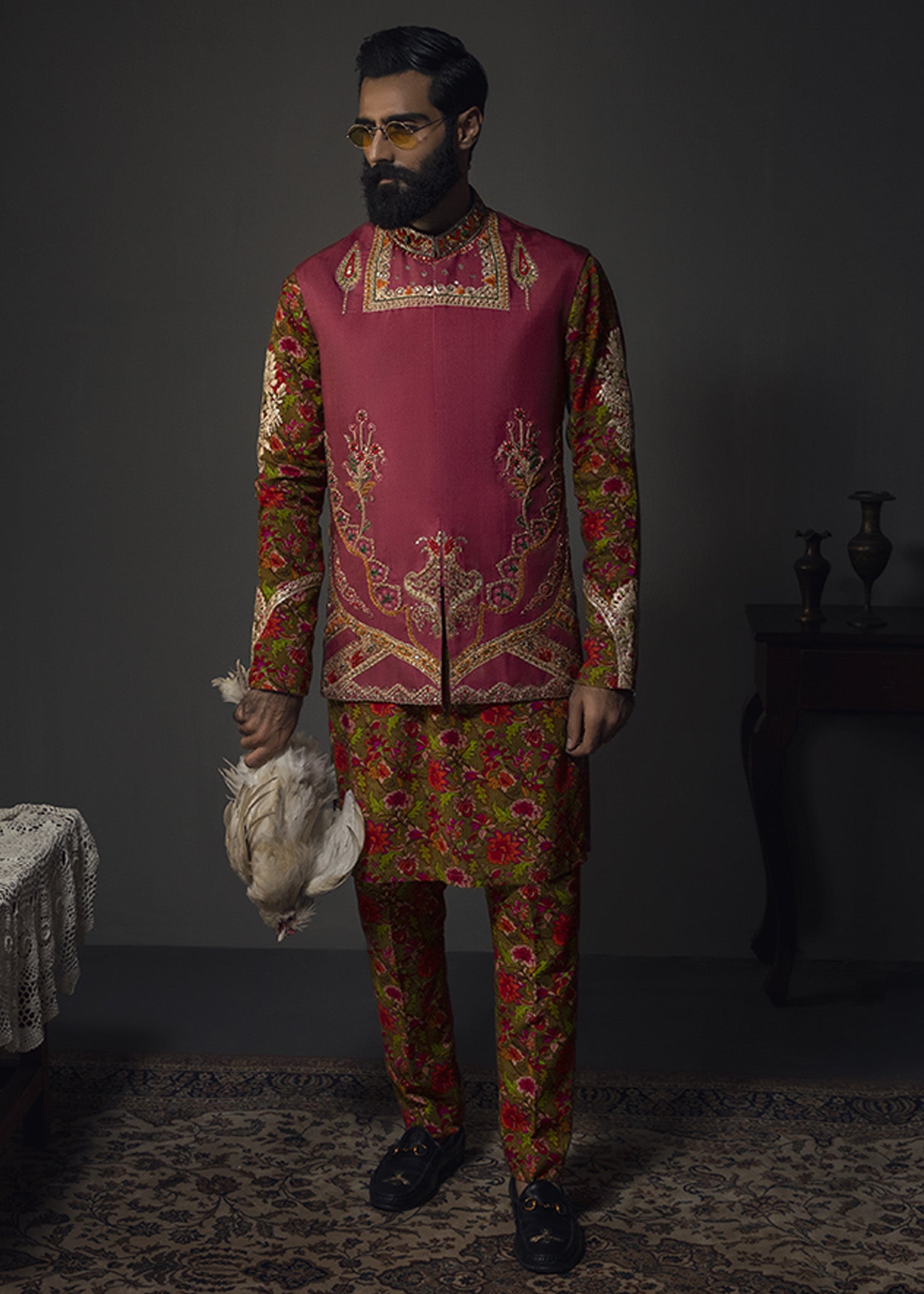 Dull Crimson Zardozi Cotton Waistcoat Kurta Set (3-Piece) - Image 2