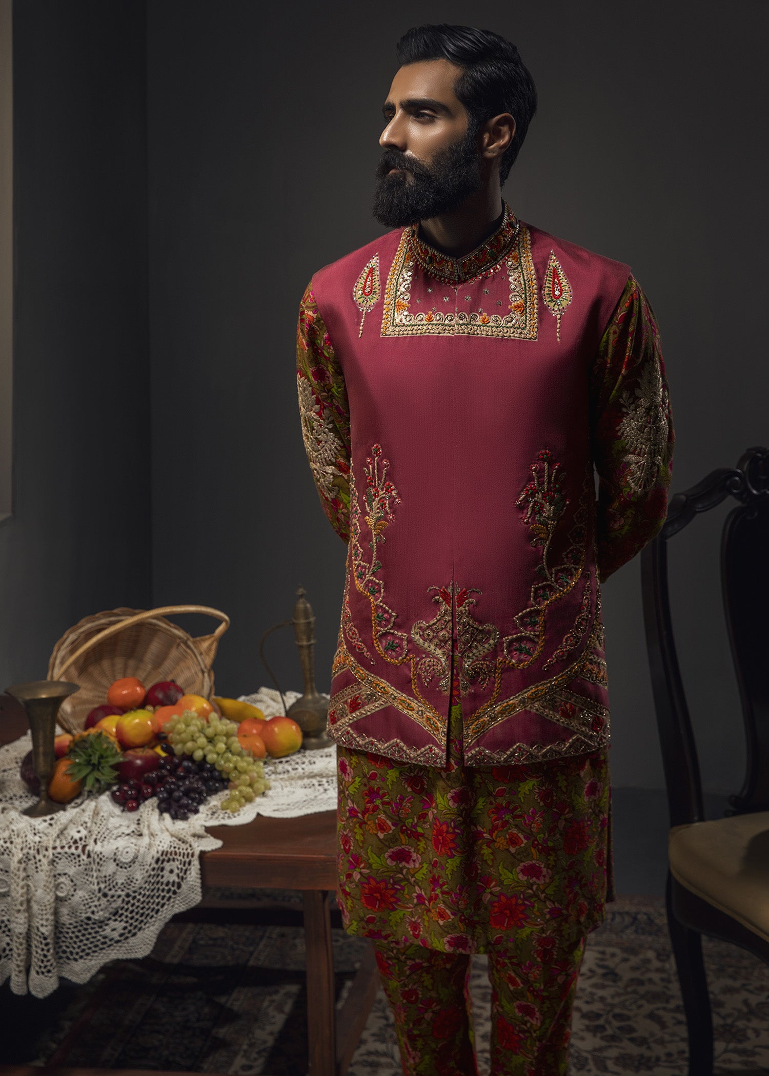 Dull Crimson Zardozi Cotton Waistcoat Kurta Set (3-Piece) - Image 4