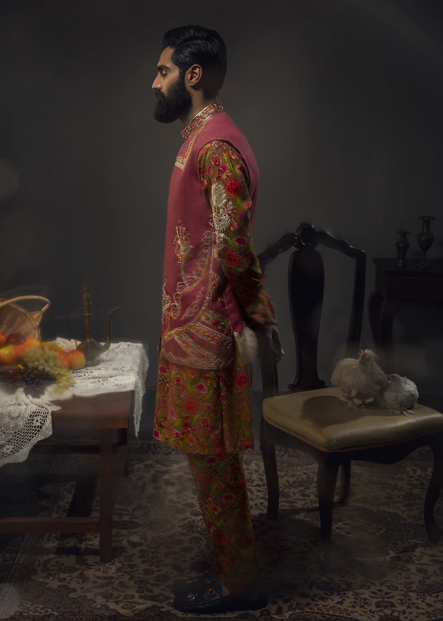 Dull Crimson Zardozi Cotton Waistcoat Kurta Set (3-Piece) - Image 5