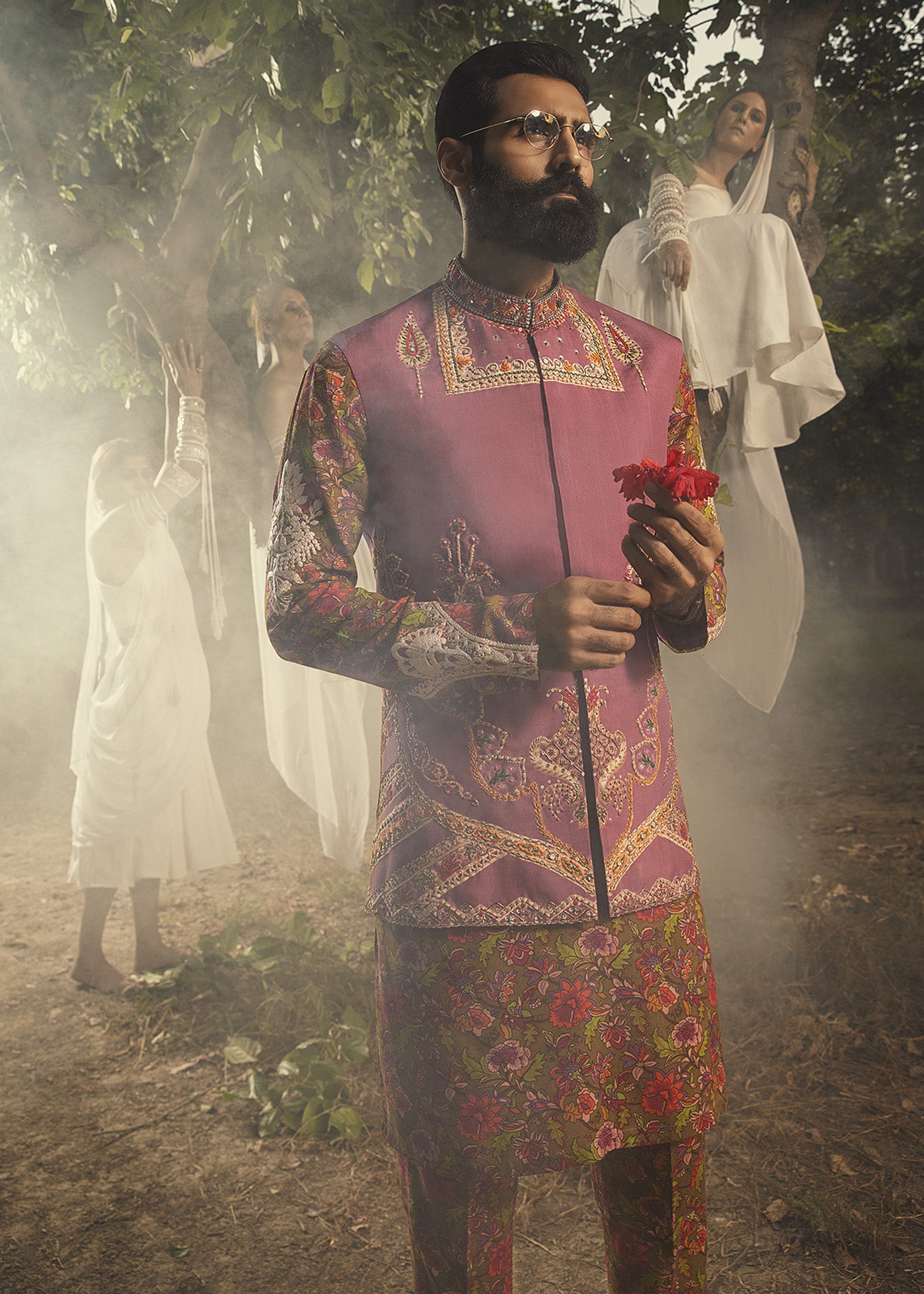 Dull Crimson Zardozi Cotton Waistcoat Kurta Set (3-Piece) - Image 7